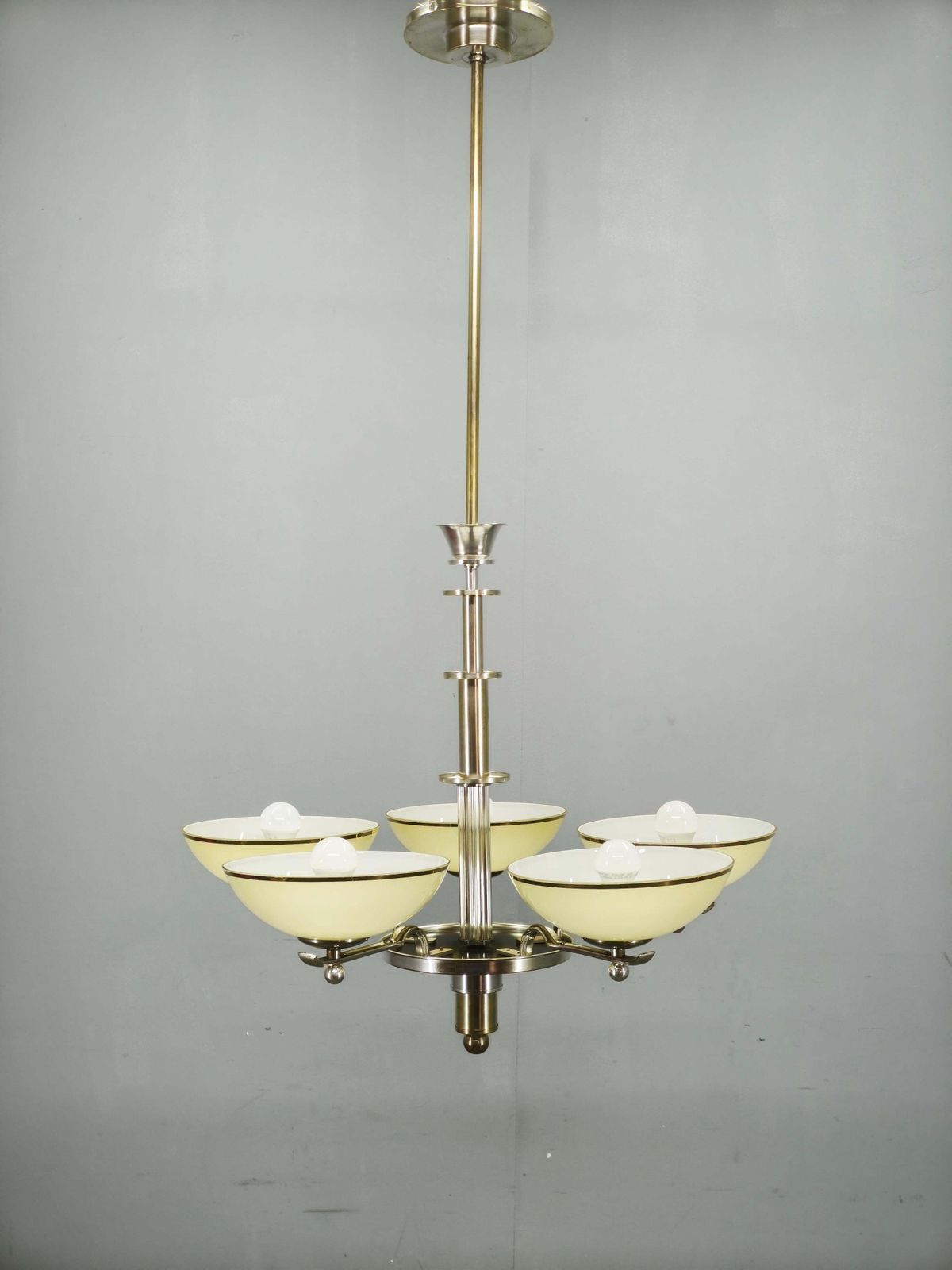 photo vinterior 1930s Czech Art Deco Nickel Chandelier With Champagne Glass Shades