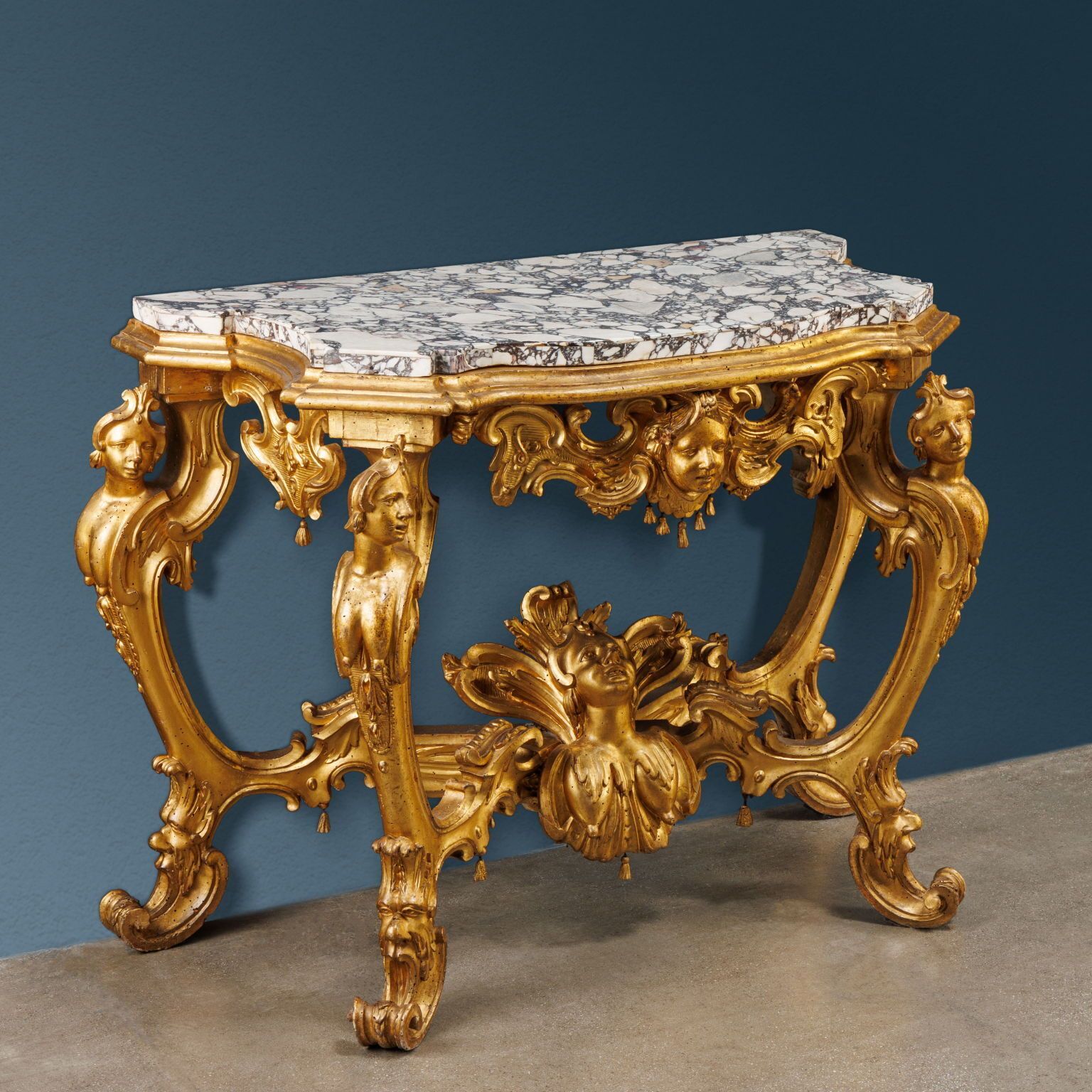 Console d'époque en bois peint et doré, plateau en marbre, XVIIIe siècle