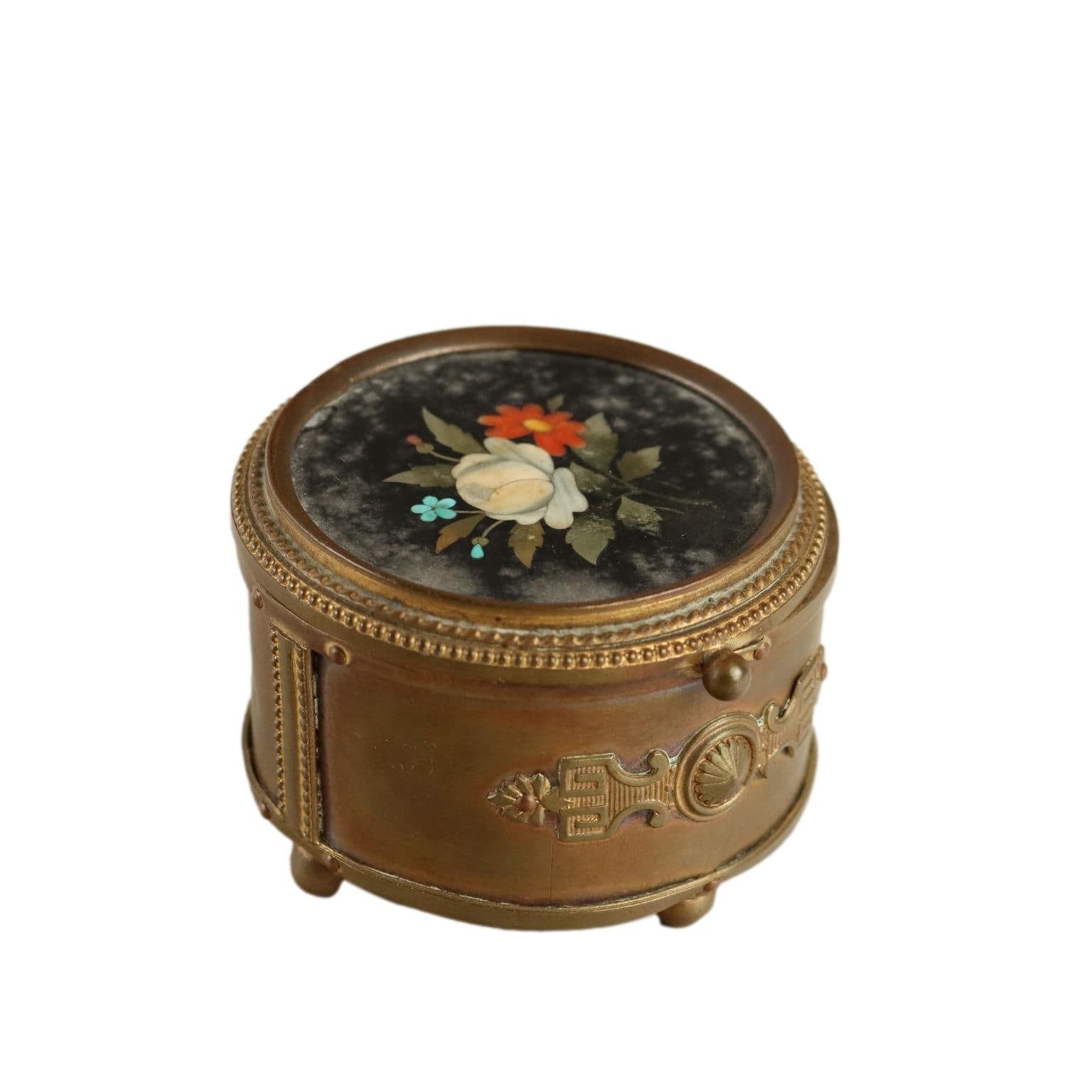 Antiek bronzen kistje met marmeren deksel, decoraties, Italië, 19e eeuw
