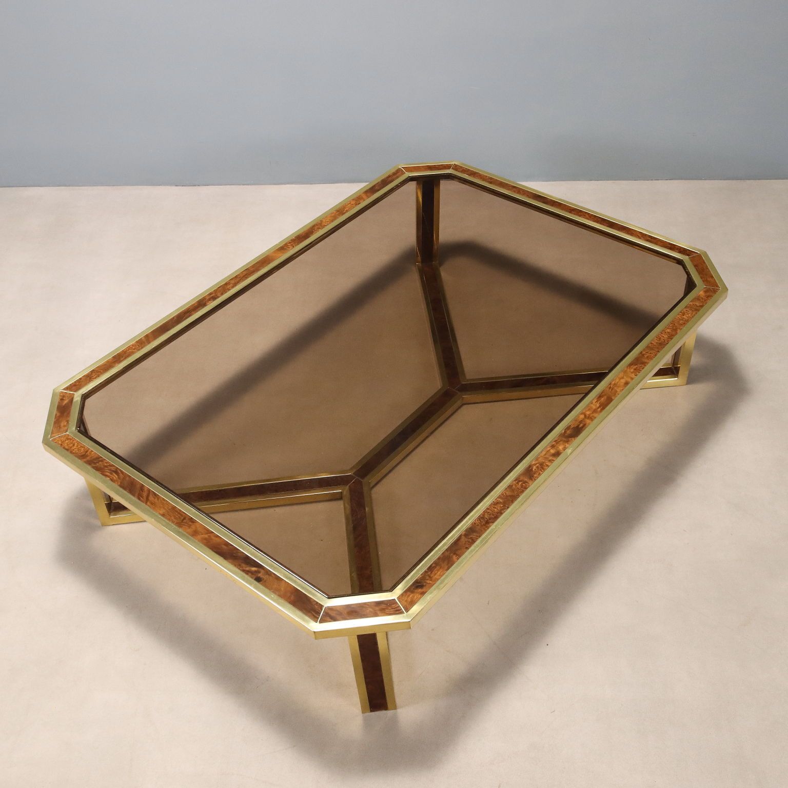 Vintage Coffee Table Brass Burl Smoked Glass Design 1970s photo Furniture