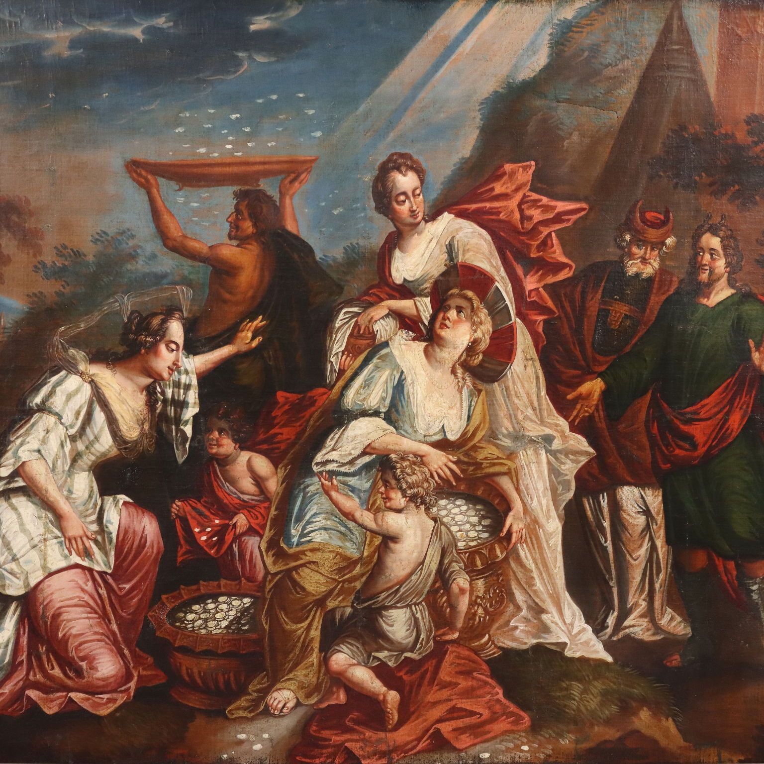 Tableau d'époque La Cueillette de la manne, huile sur toile, XVIIIe siècle photo for sale