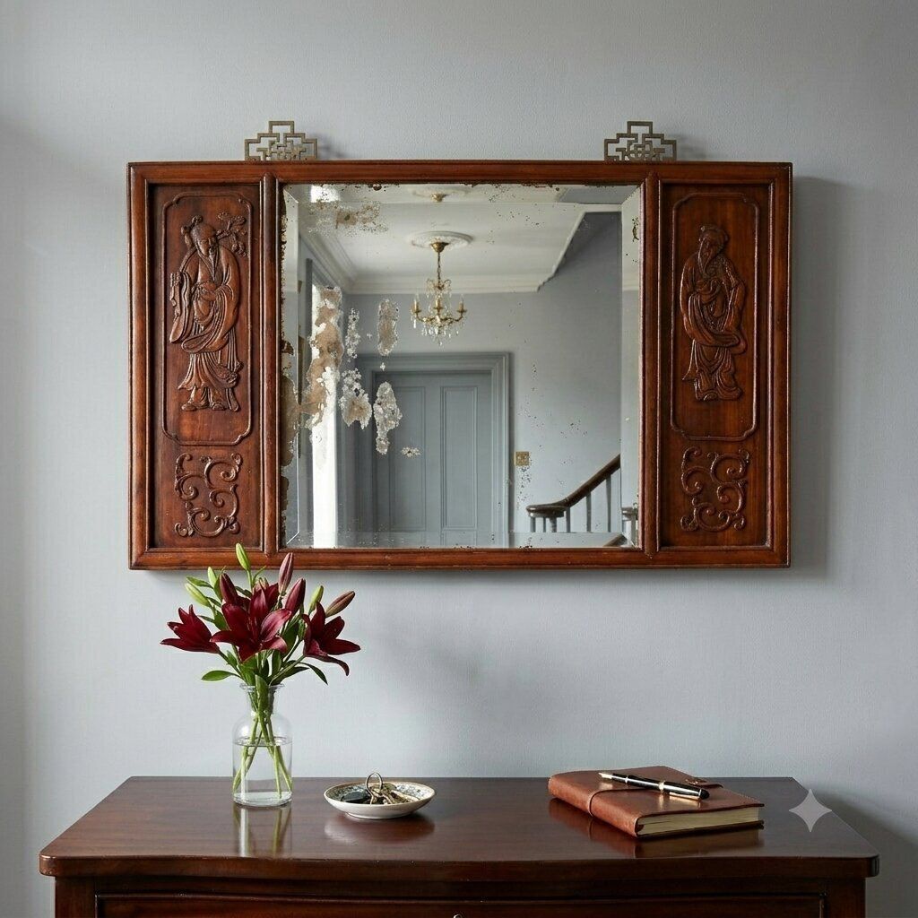 Antieke spiegel, exotisch hout, Chinoiserie-snijwerk, 19e eeuw photo furniture