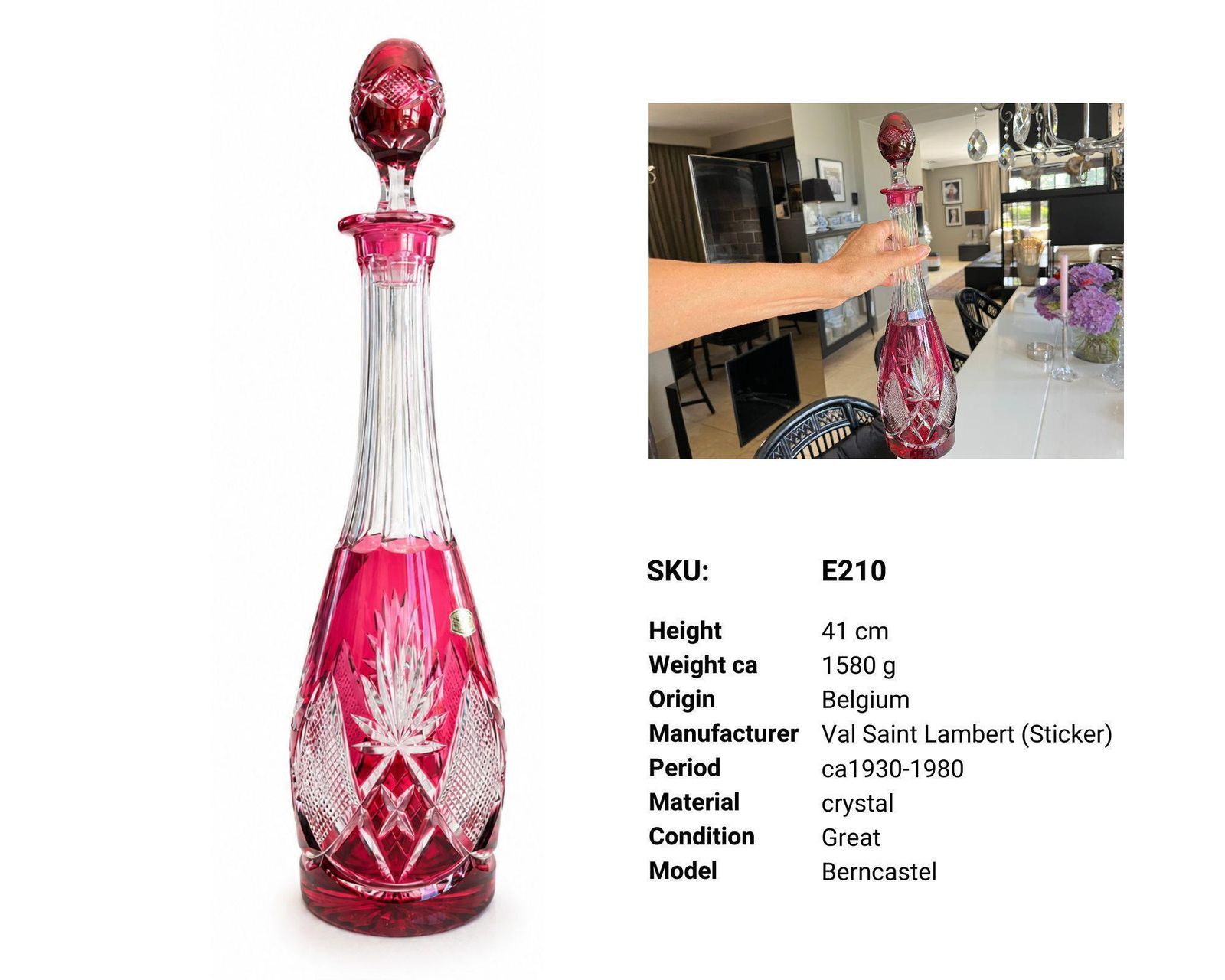 Carafe en cristal Val Saint Lambert | Berncastel | Rouge cranberry photo for sale