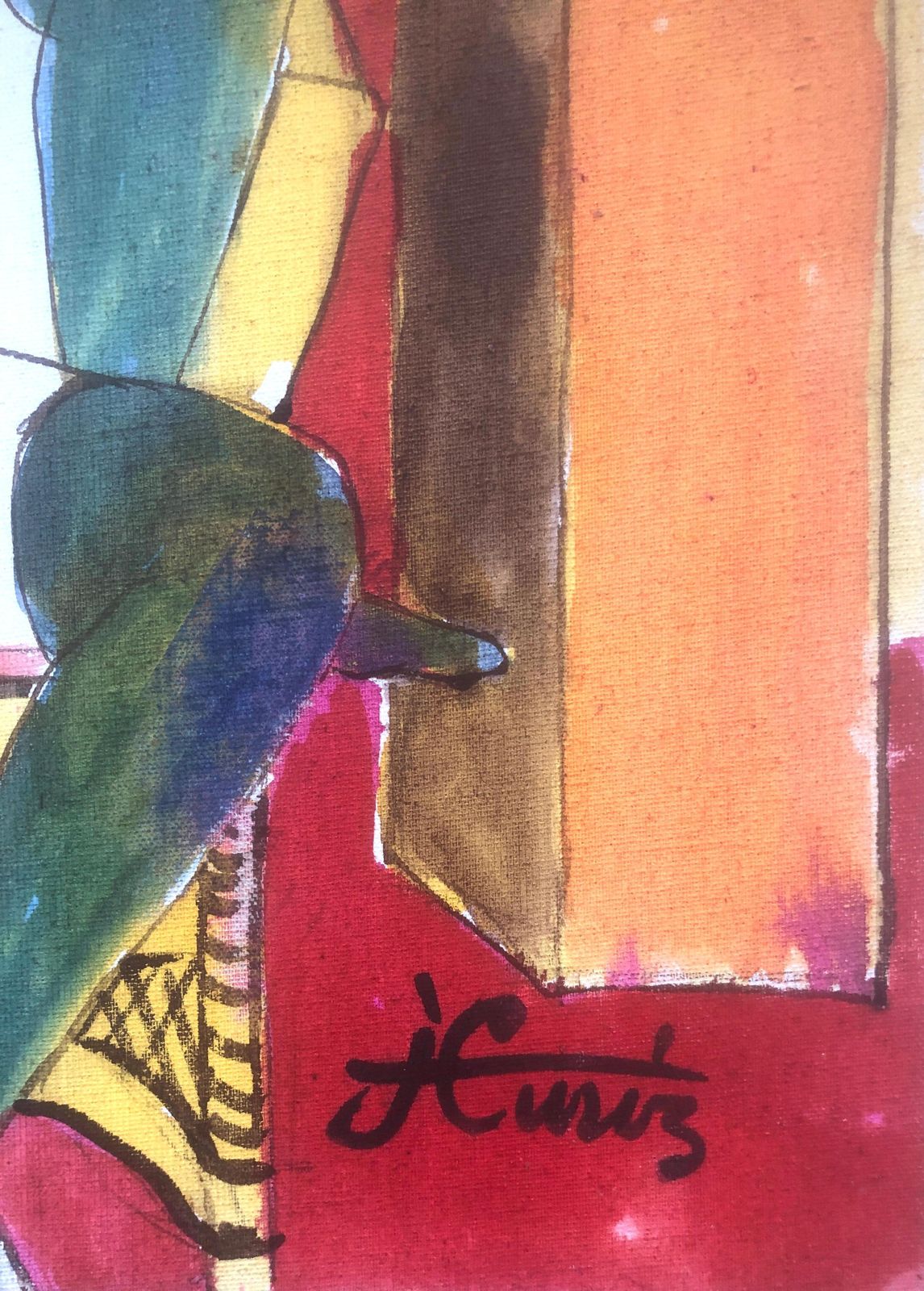 Jordi Curos Colorful Fauvist Woman With Guitar Mixed Media Painting, Spanish Figurative Art C.1985 photo furniture