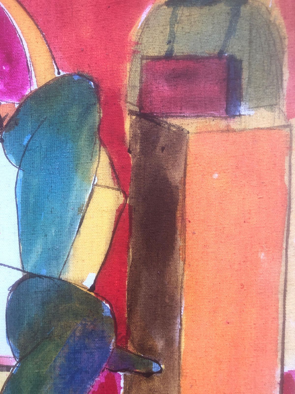 Jordi Curos Colorful Fauvist Woman With Guitar Mixed Media Painting, Spanish Figurative Art C.1985 photo for sale