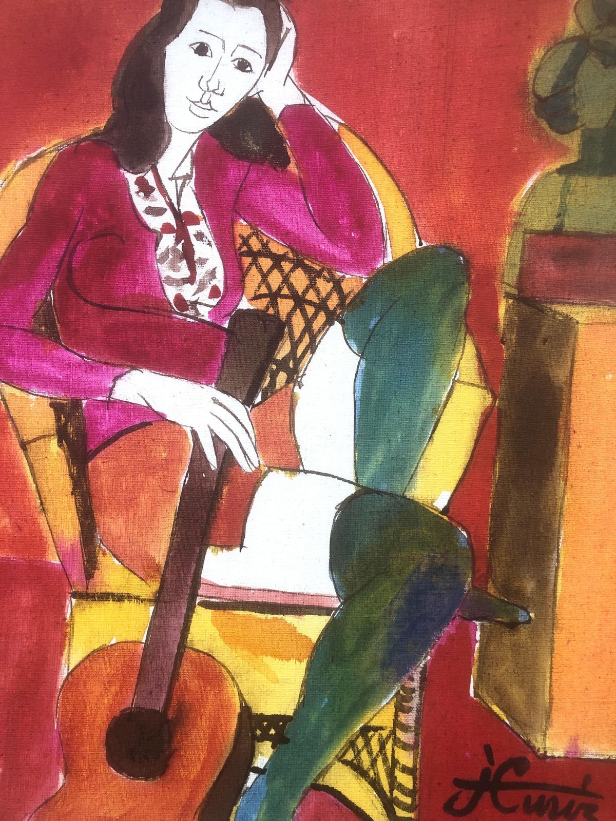 Jordi Curos Colorful Fauvist Woman With Guitar Mixed Media Painting, Spanish Figurative Art C.1985 photo buy