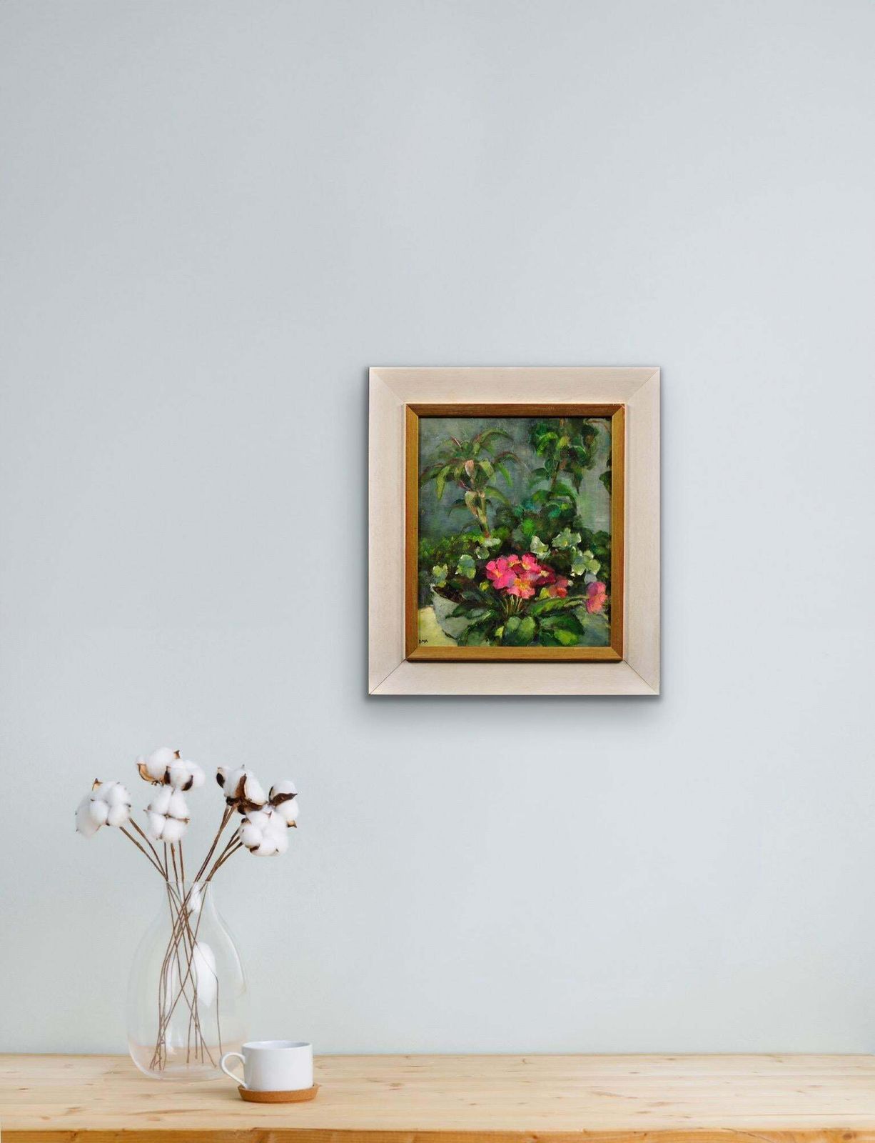 photo vintage Diana Maxwell Armfield B.1920. English. Pink Primulas & Pot Plants. Original Still Life Flower Oil Painting. Modern British.