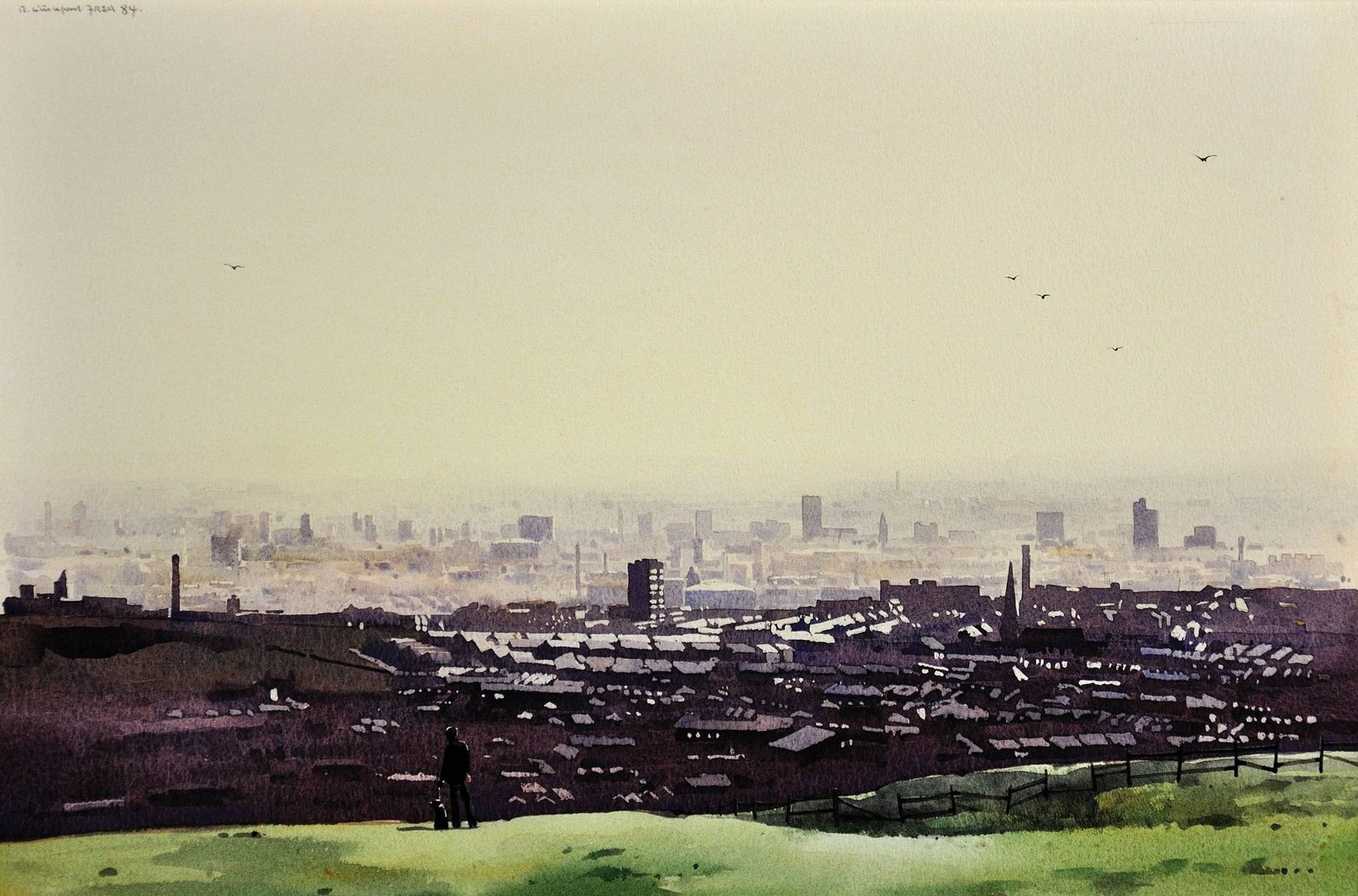 Robert Littleford 1940 To 2023. English. Oldham From The Surrounding Hills, 1984. Framed Watercolour. Greater Manchester Cityscape. Lancashire. photo furniture