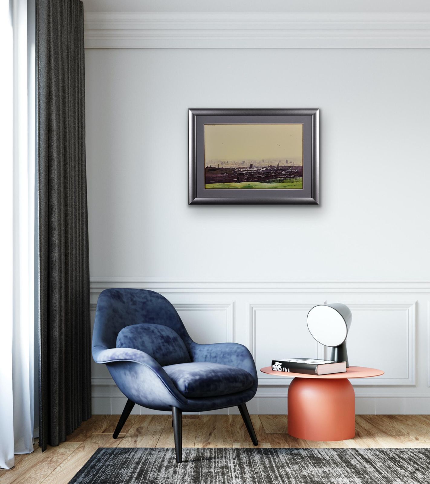 photo furniture Robert Littleford 1940 To 2023. English. Oldham From The Surrounding Hills, 1984. Framed Watercolour. Greater Manchester Cityscape. Lancashire.