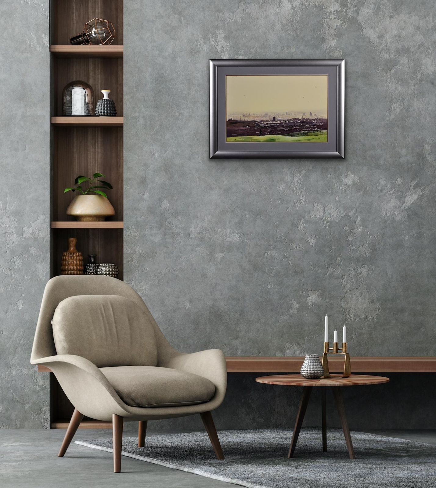 photo for sale Robert Littleford 1940 To 2023. English. Oldham From The Surrounding Hills, 1984. Framed Watercolour. Greater Manchester Cityscape. Lancashire.