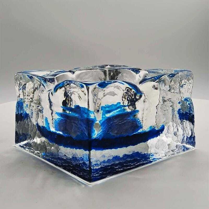 Grote vierkante asbak of vide-poche in handbewerkt Murano-glas met ijsblokjeseffect, ca. jaren 1960. Made In Italy   12 cm photo furniture
