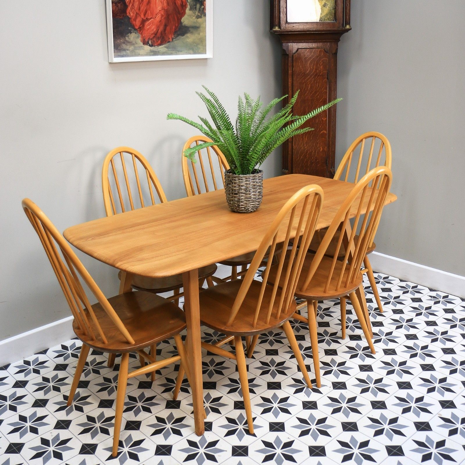 Six Ercol Quaker 365 Chairs And Ercol Plank Dinnig Table  In Elm And photo for sale