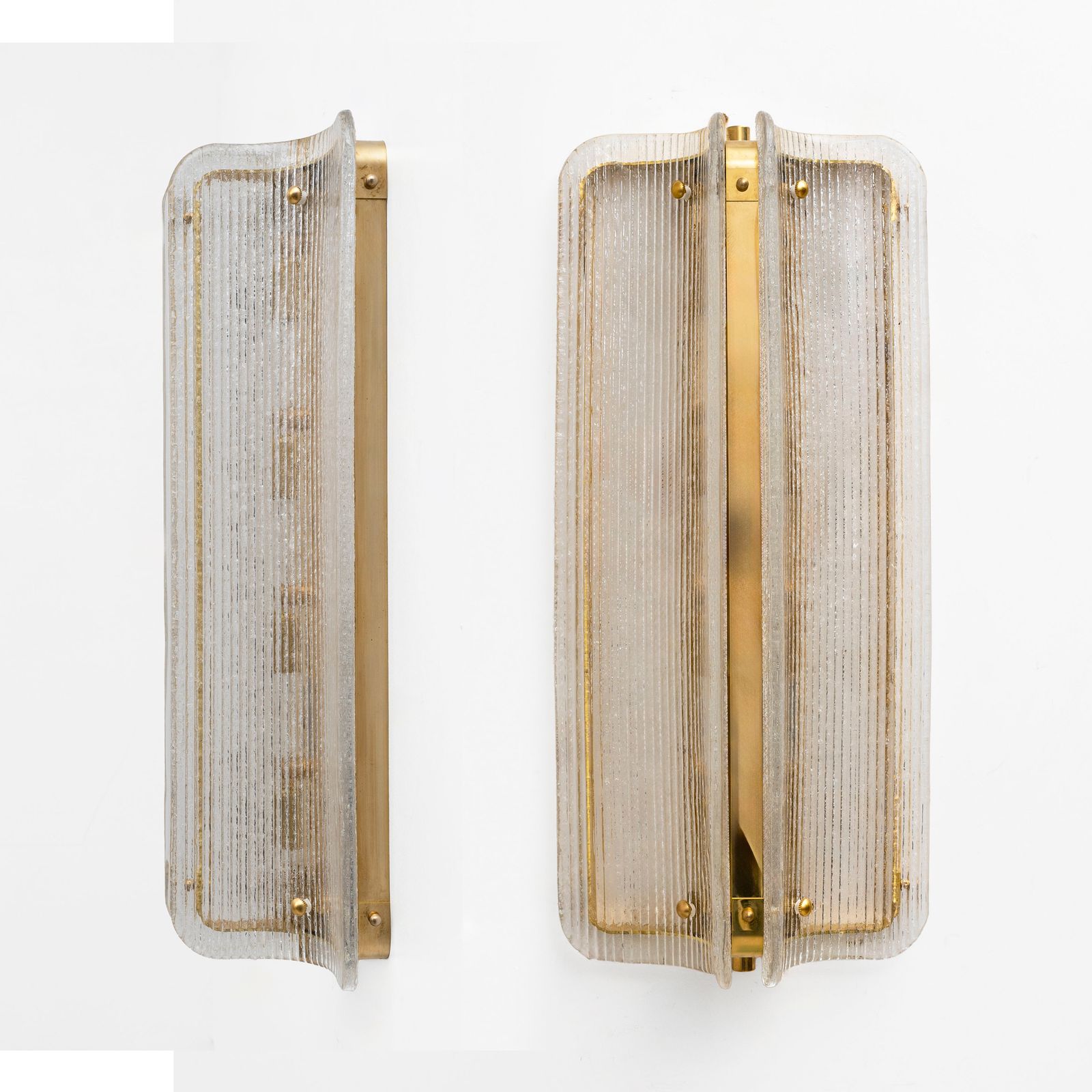 Pair Of Big Curved Clear Ribbed Murano Glass And Brass Wall Sconces