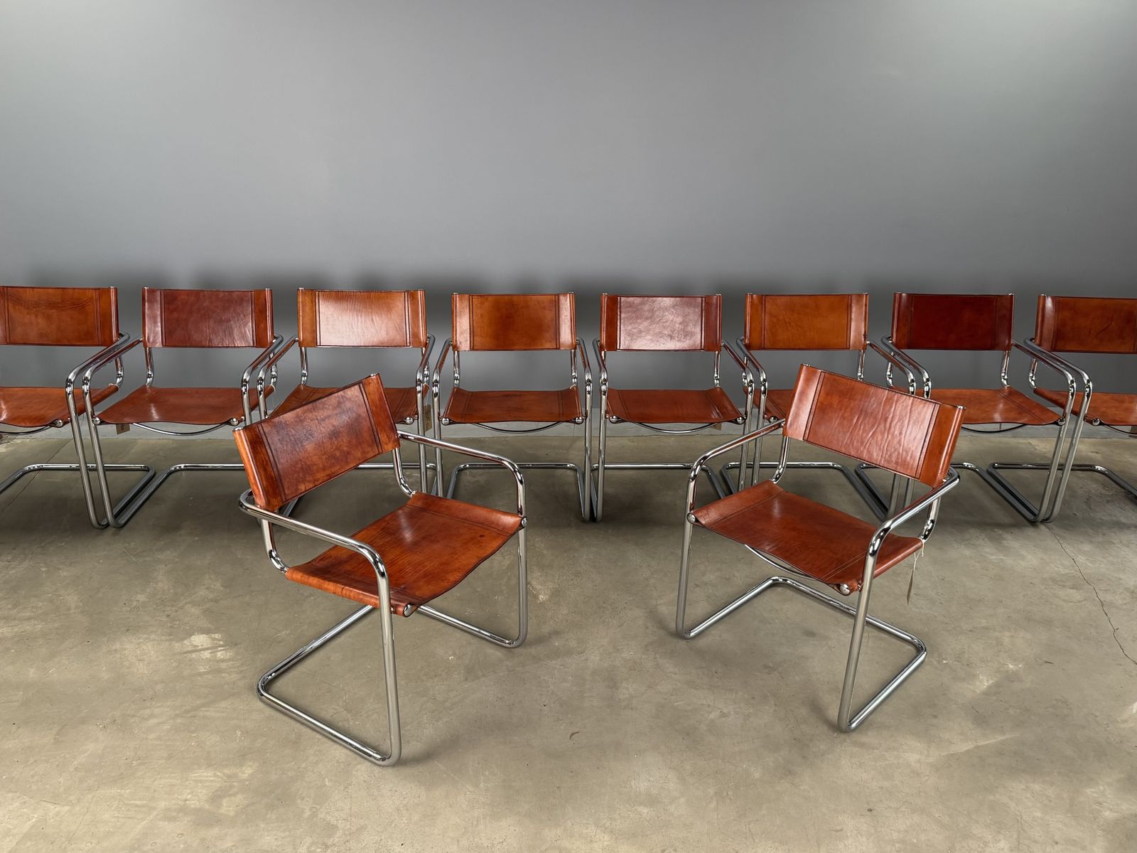 Six 6 Dining Mart Stam Marcel Breuer S34 Set Of 6  Chrome Tan Cognac Brown Leather Cantilever Bauhaus photo for sale