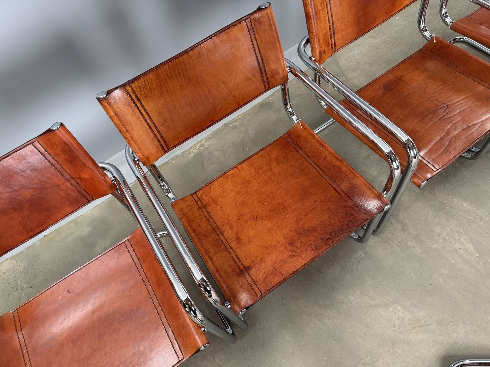 Six 6 Dining Mart Stam Marcel Breuer S34 Set Of 6  Chrome Tan Cognac Brown Leather Cantilever Bauhaus photo vinterior