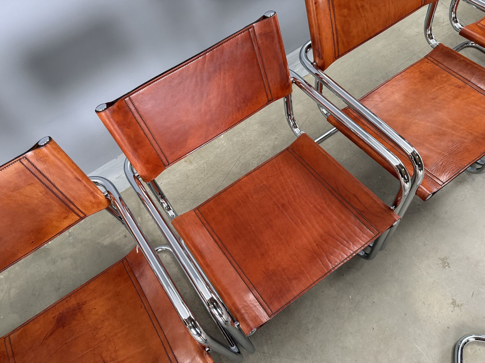 Six 6 Dining Mart Stam Marcel Breuer S34 Set Of 6  Chrome Tan Cognac Brown Leather Cantilever Bauhaus photo vintage