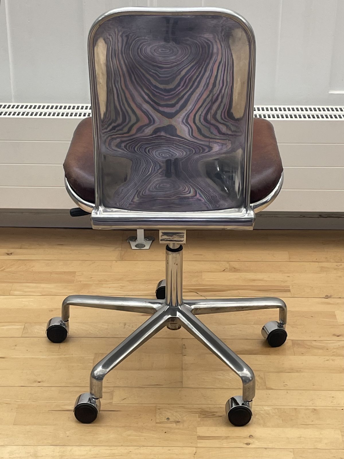 Vintage Hille Fred Scott Supporto Task Chair. Low Back Without Arms In Polished Aluminium With Brown Leather Seat Pads photo for sale
