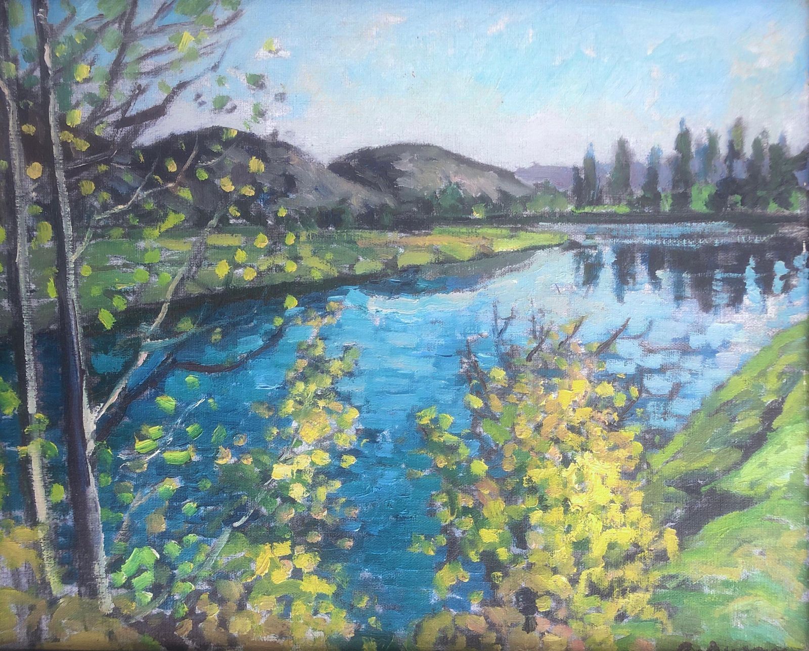 Peinture de paysage à l'huile Rafael Duran Benet, rivière Dordogne, campagne française, post-impressionniste, vers 2000