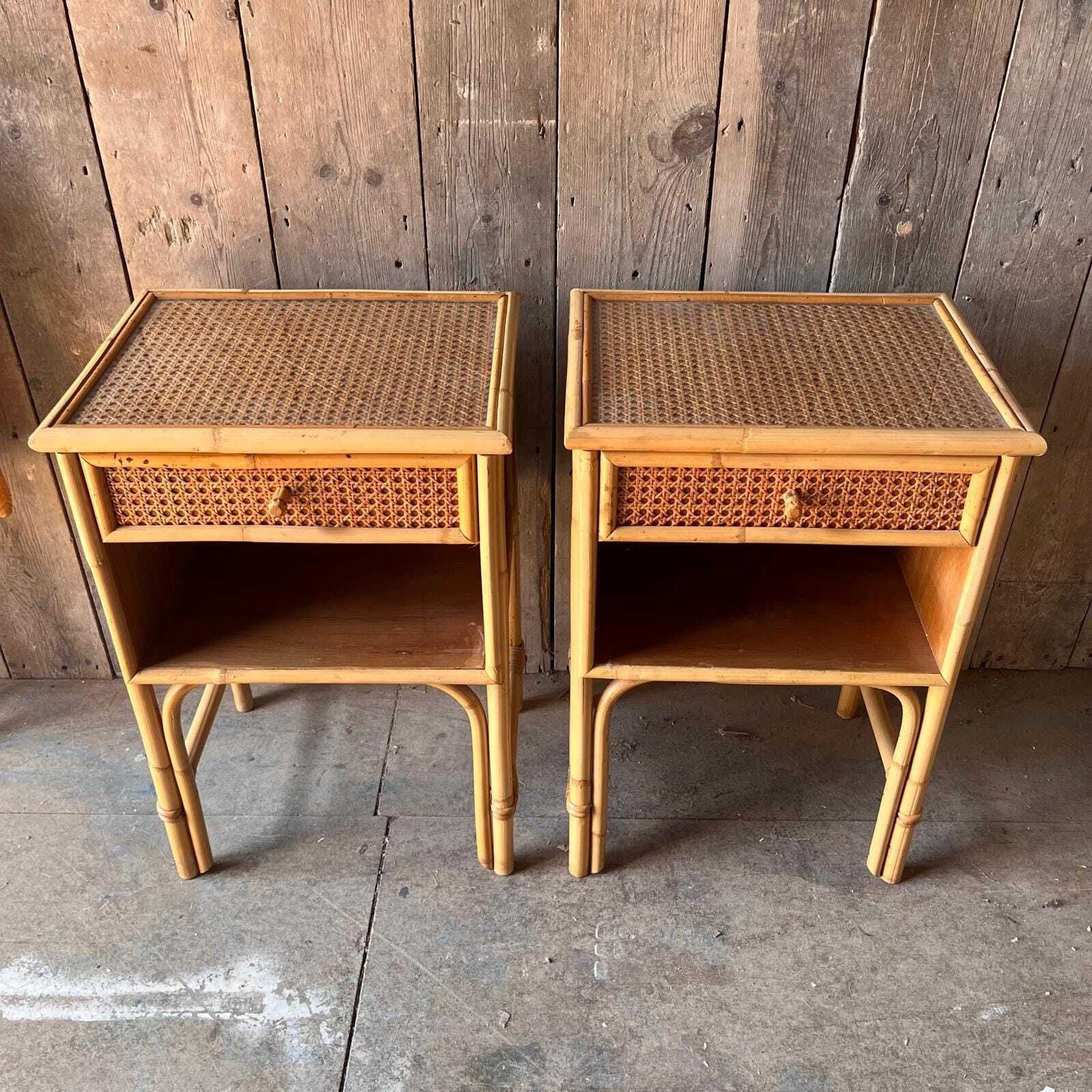 A Pair Of Cane Bedside Cabinets With Drawer And Enclosed Shelf photo for sale
