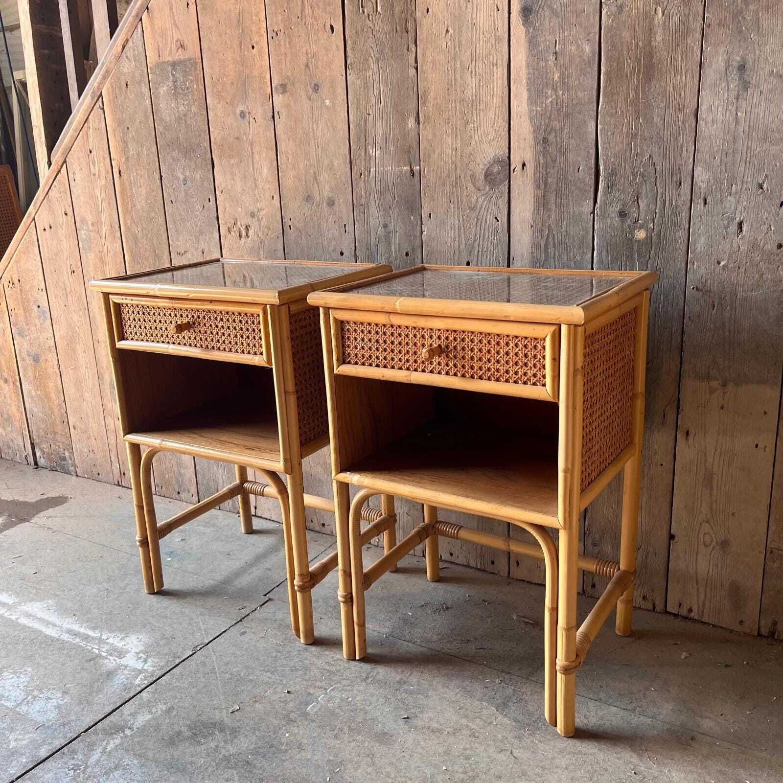 A Pair Of Cane Bedside Cabinets With Drawer And Enclosed Shelf photo Furniture