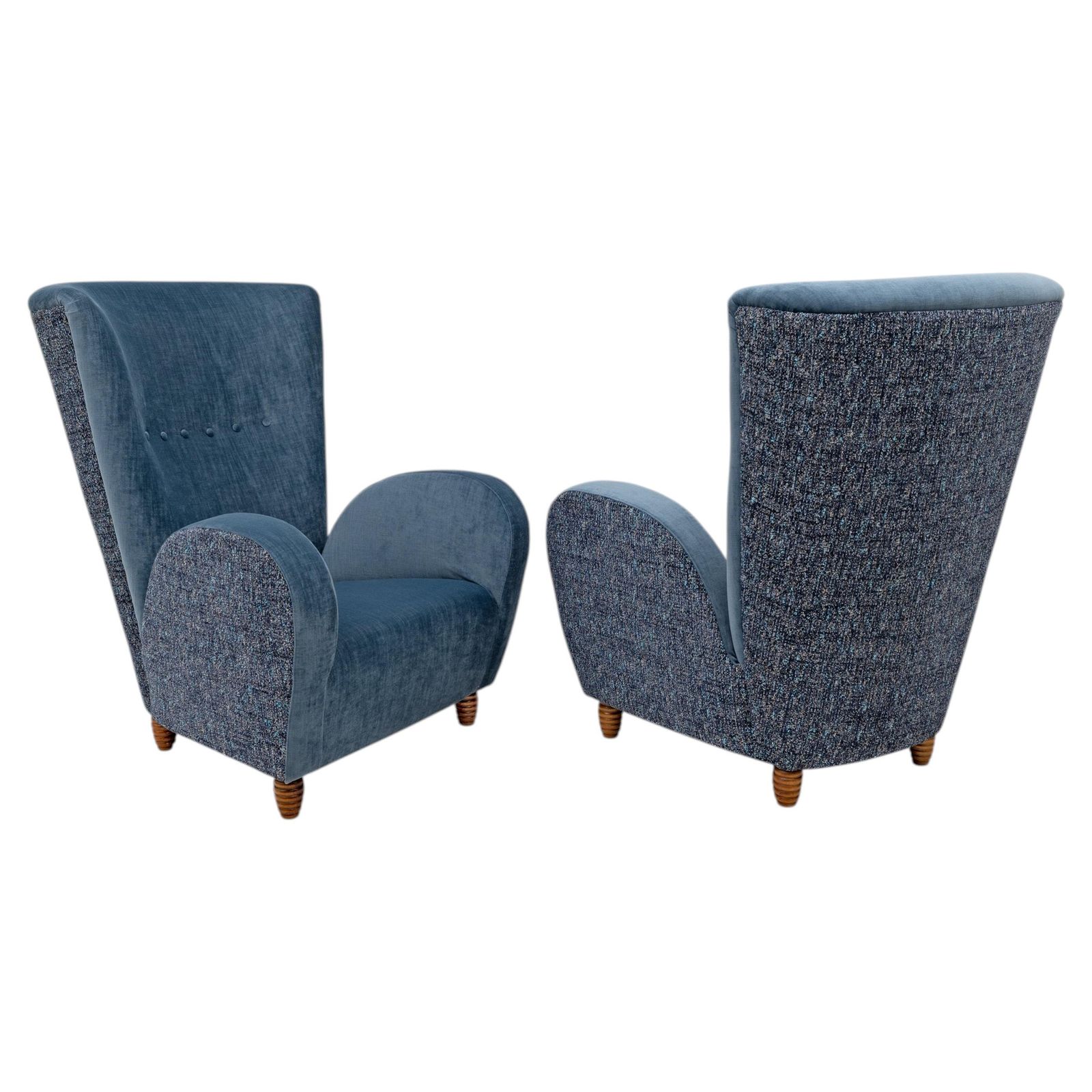 Pair Of Italian Paolo Buffa High Back Armchairs In Blue Velvet And Chenille, 50s