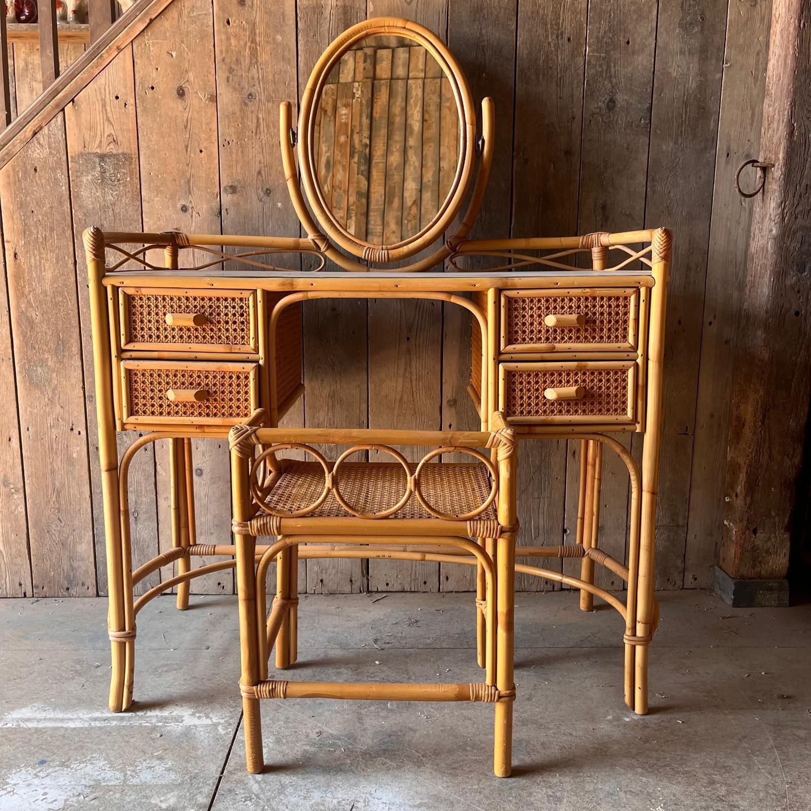 Cane And Bamboo Dressing Table With Oval Mirror With Stool