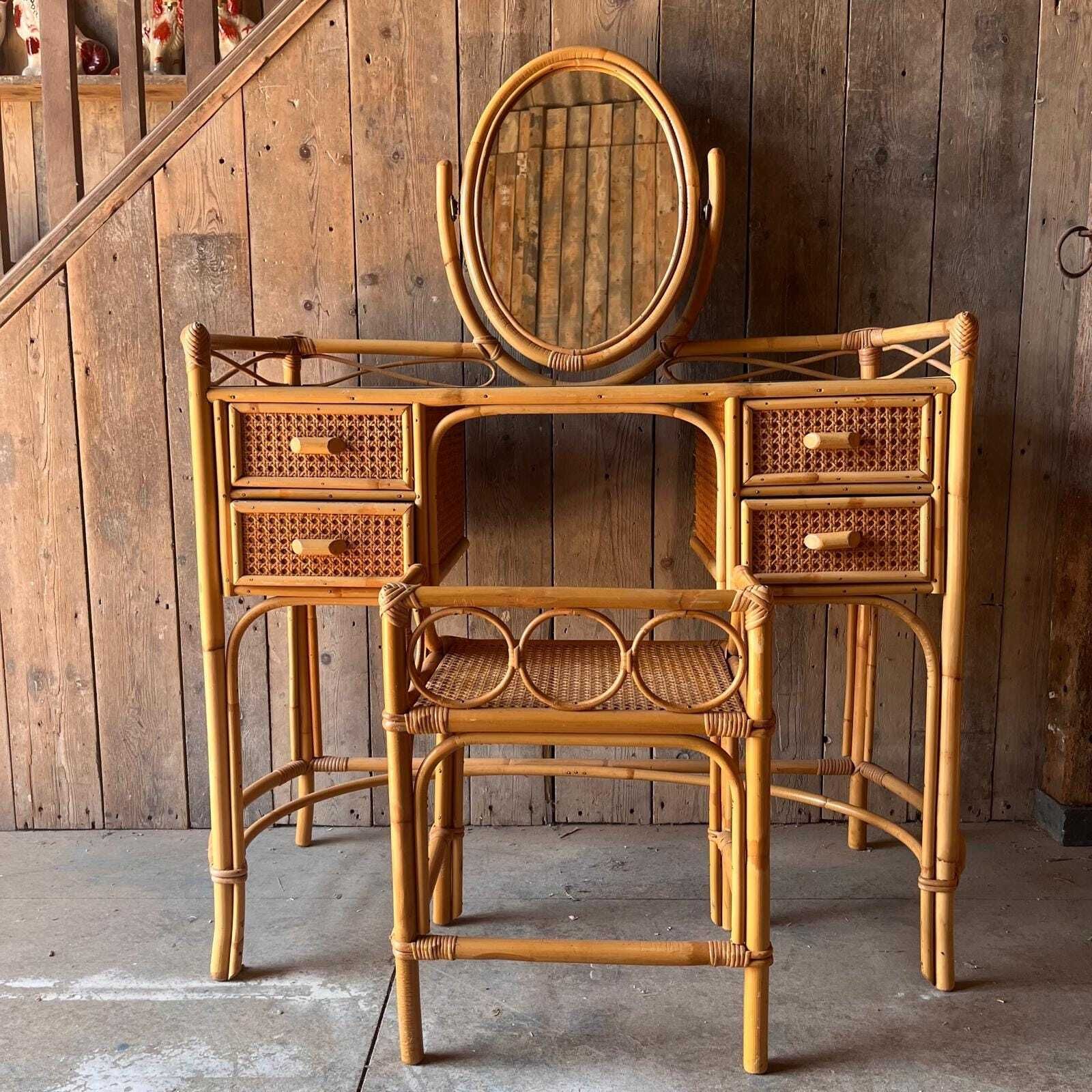 Cane And Bamboo Dressing Table With Oval Mirror With Stool photo for sale