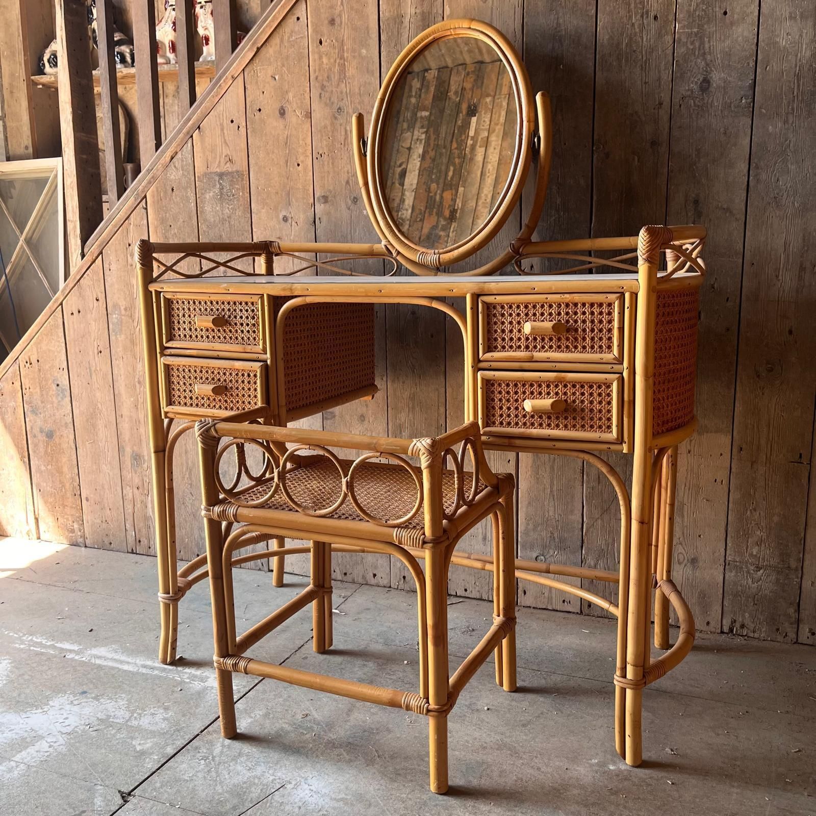 Cane And Bamboo Dressing Table With Oval Mirror With Stool photo buy