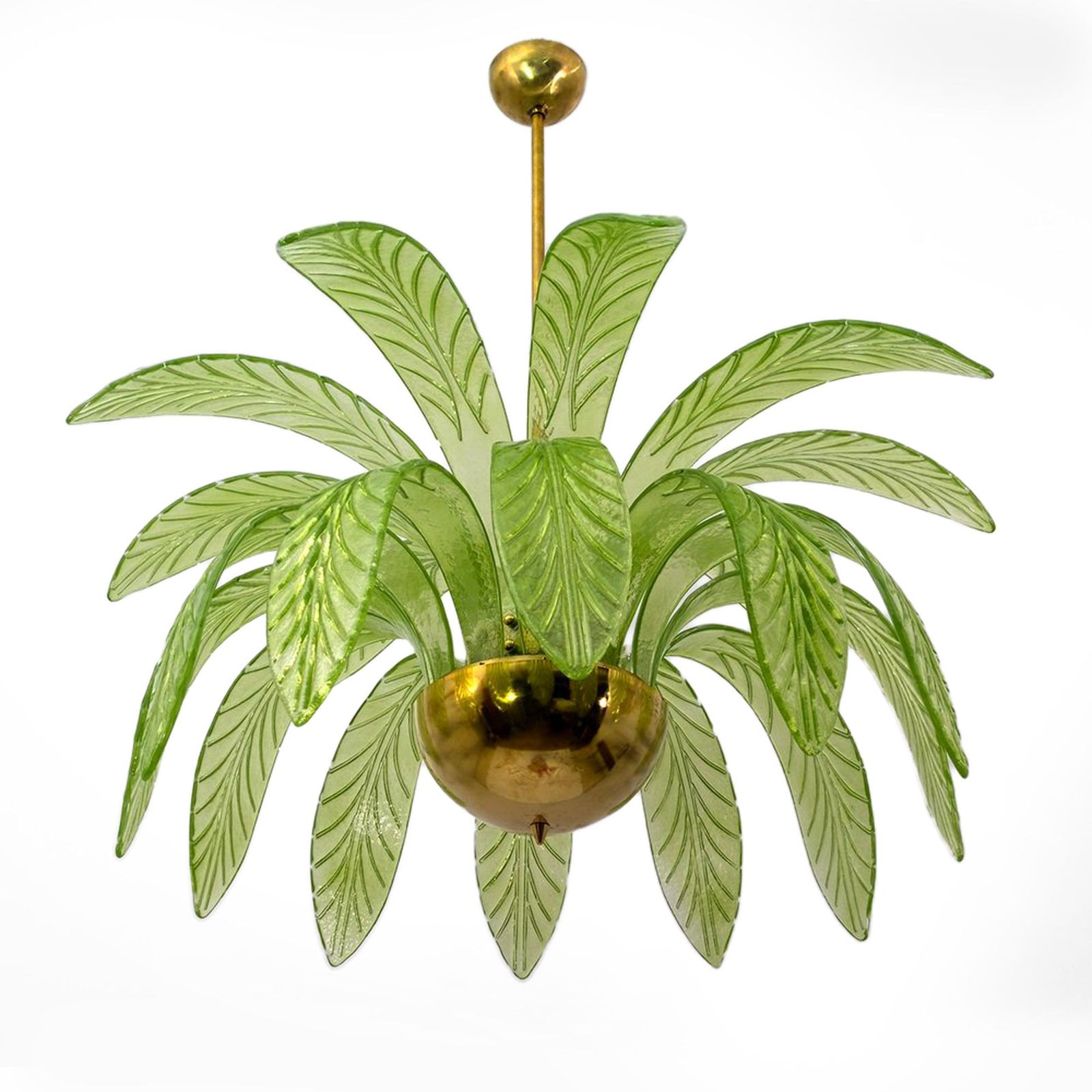 Paar Mid-Century Modern palmbladeren kroonluchters van Murano-glas en messing photo furniture