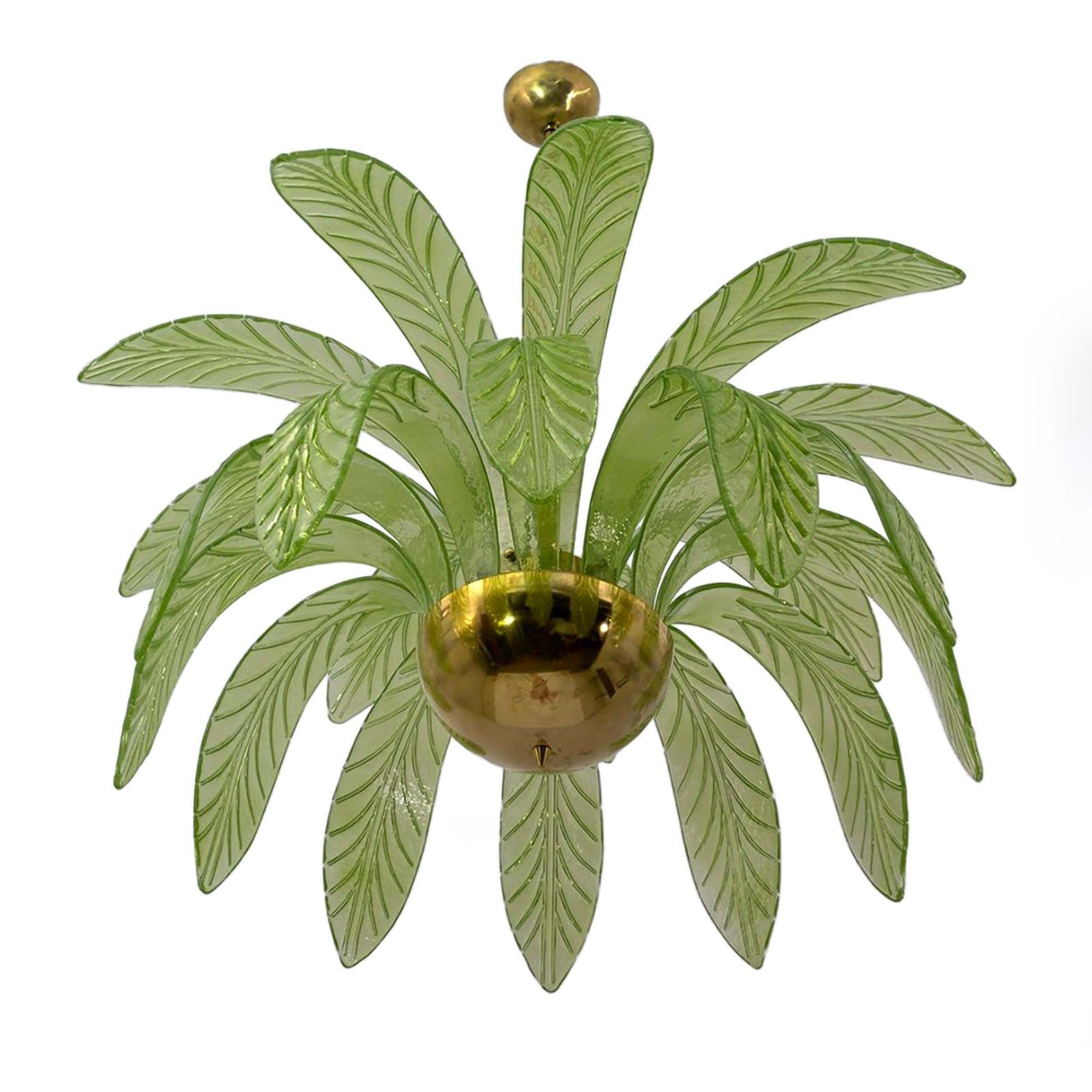 Paar Mid-Century Modern palmbladeren kroonluchters van Murano-glas en messing photo vinterior