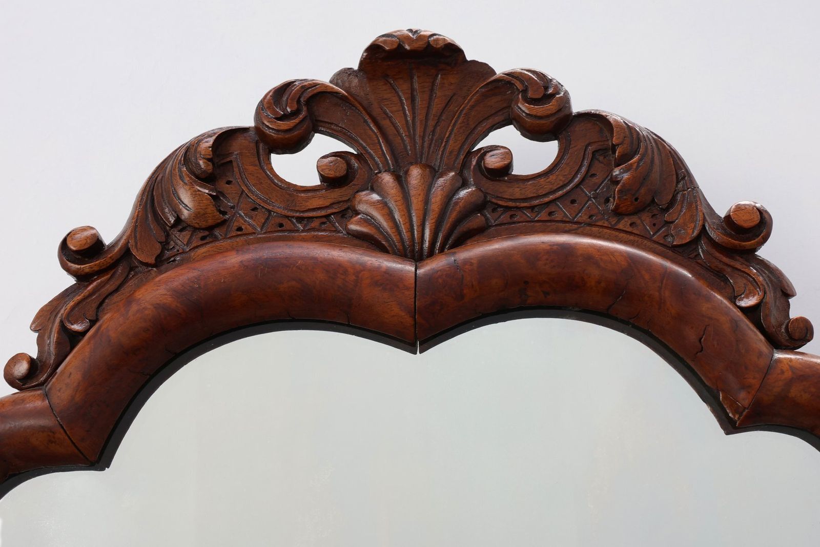 Louis XV Style Root Veneer Mirror With Scalloped Curved Frame And Oister Crest, 1800s photo Home Decor