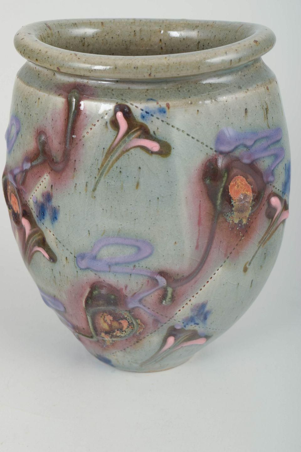 Jepson Pottery. Ceramic Vase With Decorative Relief And Brush Painted Motifs photo for sale
