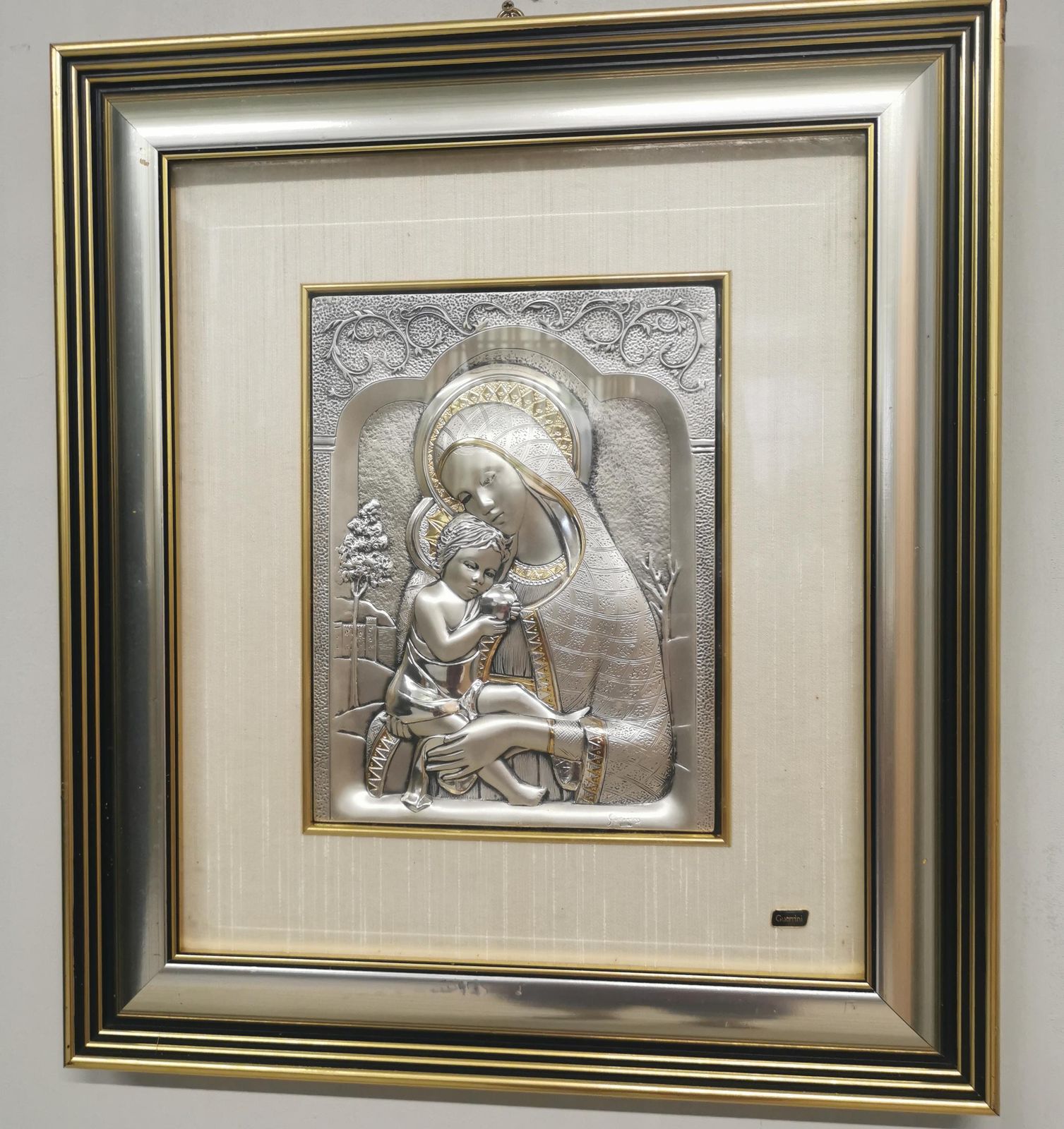 Italiaanse gedreven zilveren plaquette met Madonna en Kind, door Guerrini, zilver 925 photo for sale