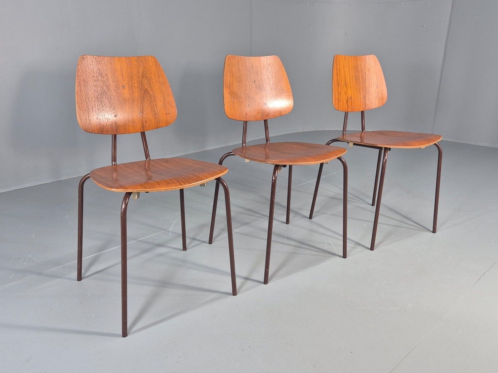 3 Vintage Danish Stacking Chairs Industrial Design Steel Teak Retro 60s Eb12491