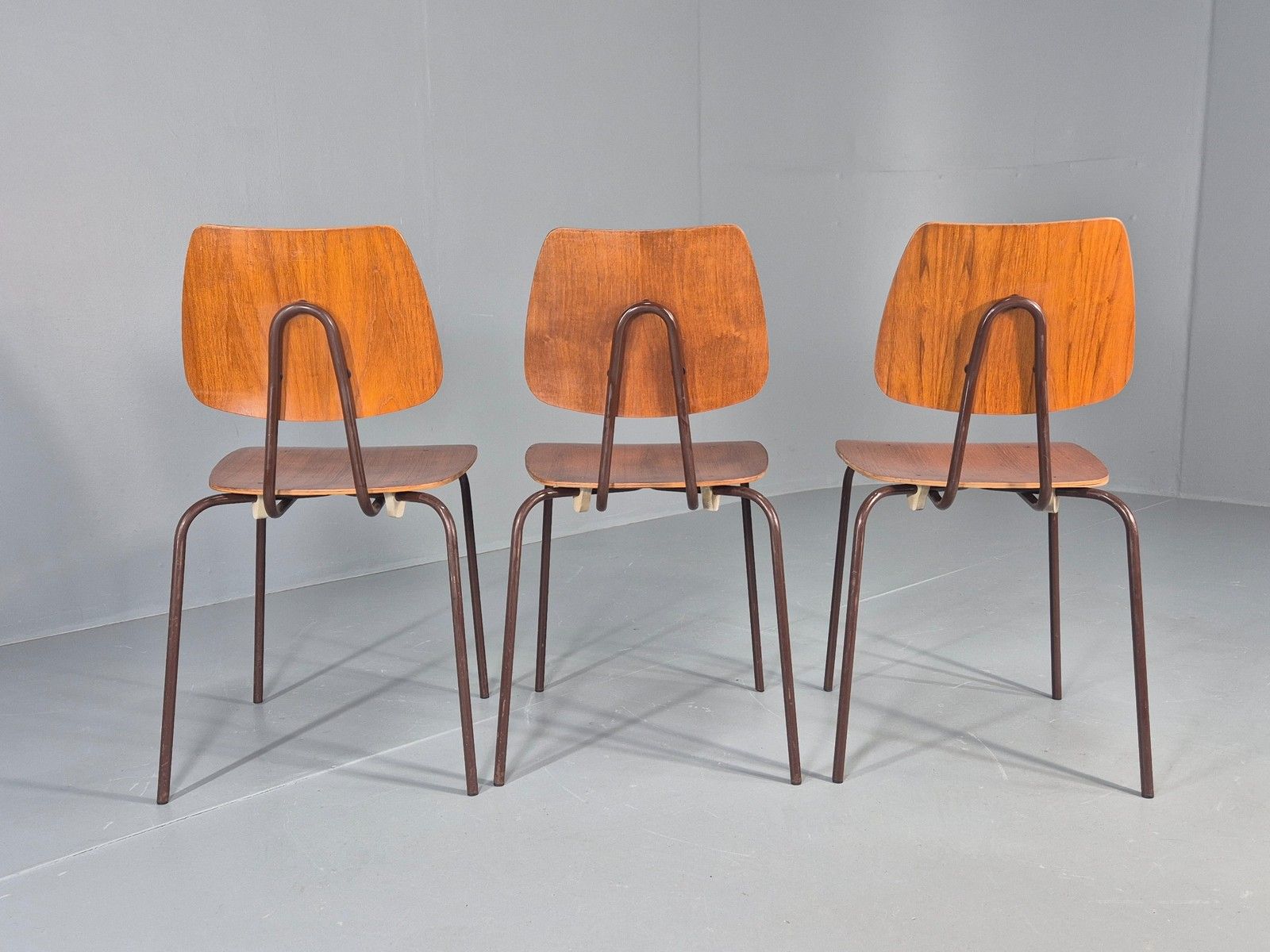 3 Vintage Danish Stacking Chairs Industrial Design Steel Teak Retro 60s Eb12491 photo buy