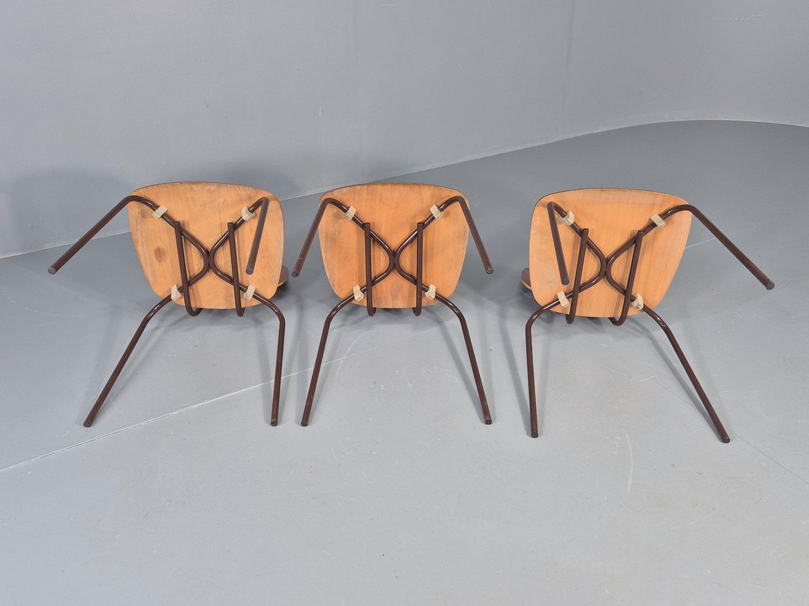 3 Vintage Danish Stacking Chairs Industrial Design Steel Teak Retro 60s Eb12491 photo vintage