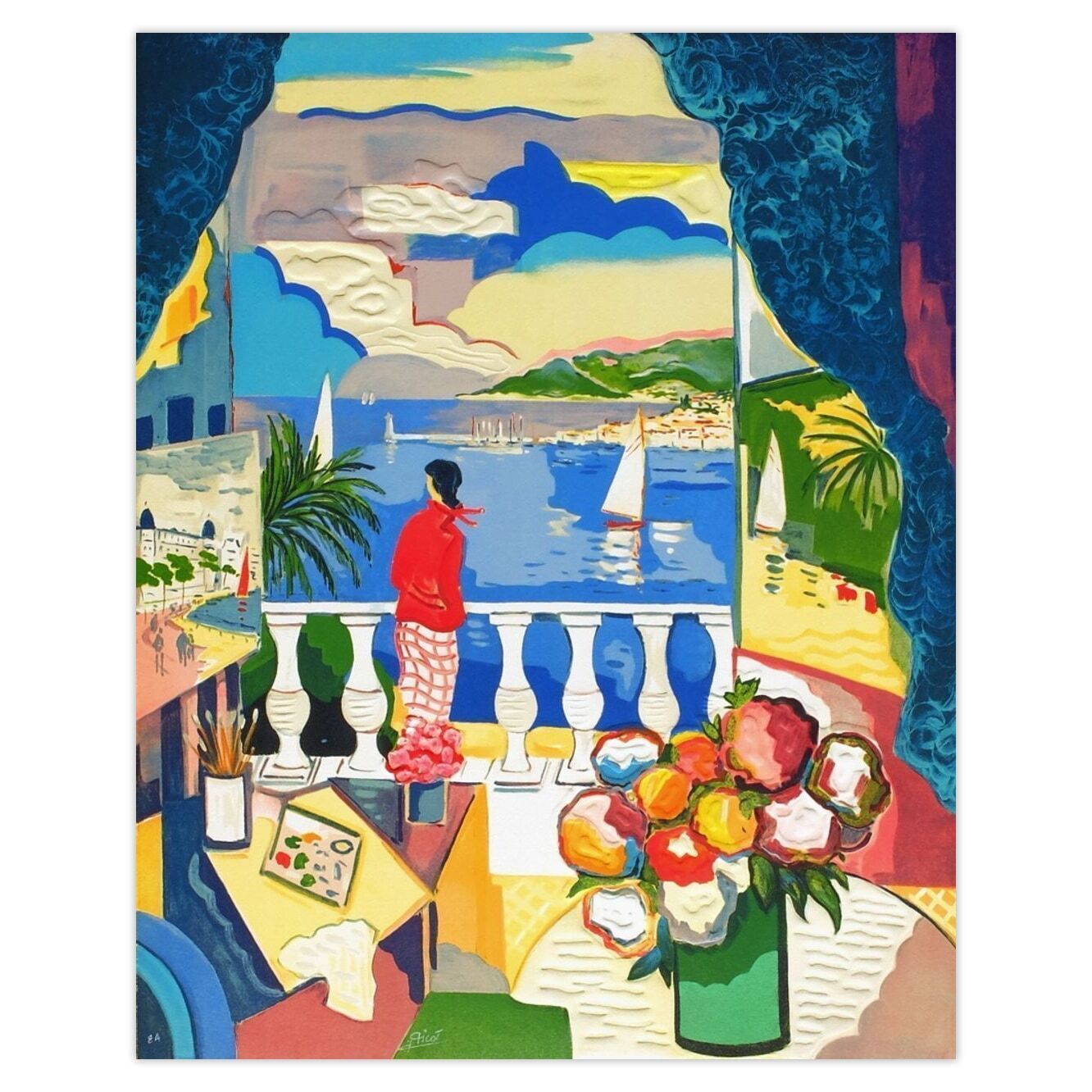 Jean Claude Picot Gesigneerde Lithografie French Riviera Cannes, Femme à La Fenêtre 1990