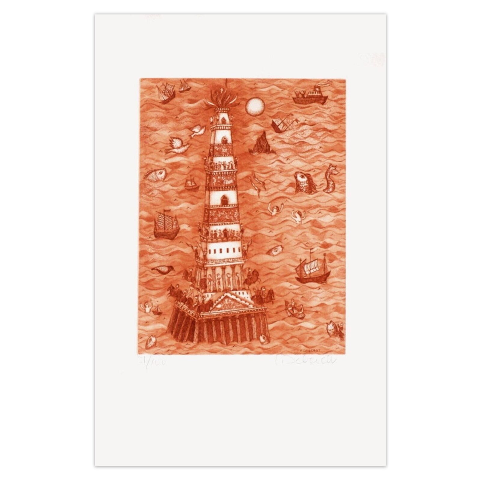 Françoise Deberdt Gesigneerde Ets Les 7 Merveilles Du Monde Phare D'alexandrie 1975