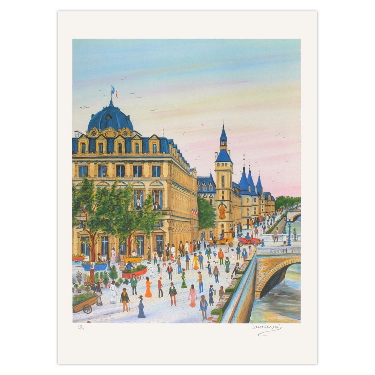 Dan Gandre Gesigneerde Lithografie Parijs   Le Quai Aux Fleurs Sur L'ile De La Cité 1985