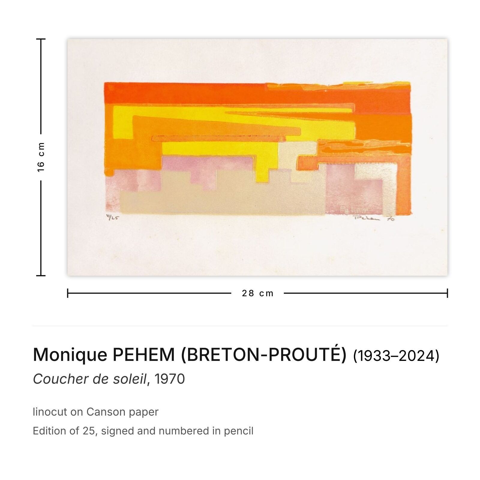 Monique Pehem (Breton Prouté) Gesigneerde Linosnede Coucher De Soleil 1970 photo furniture