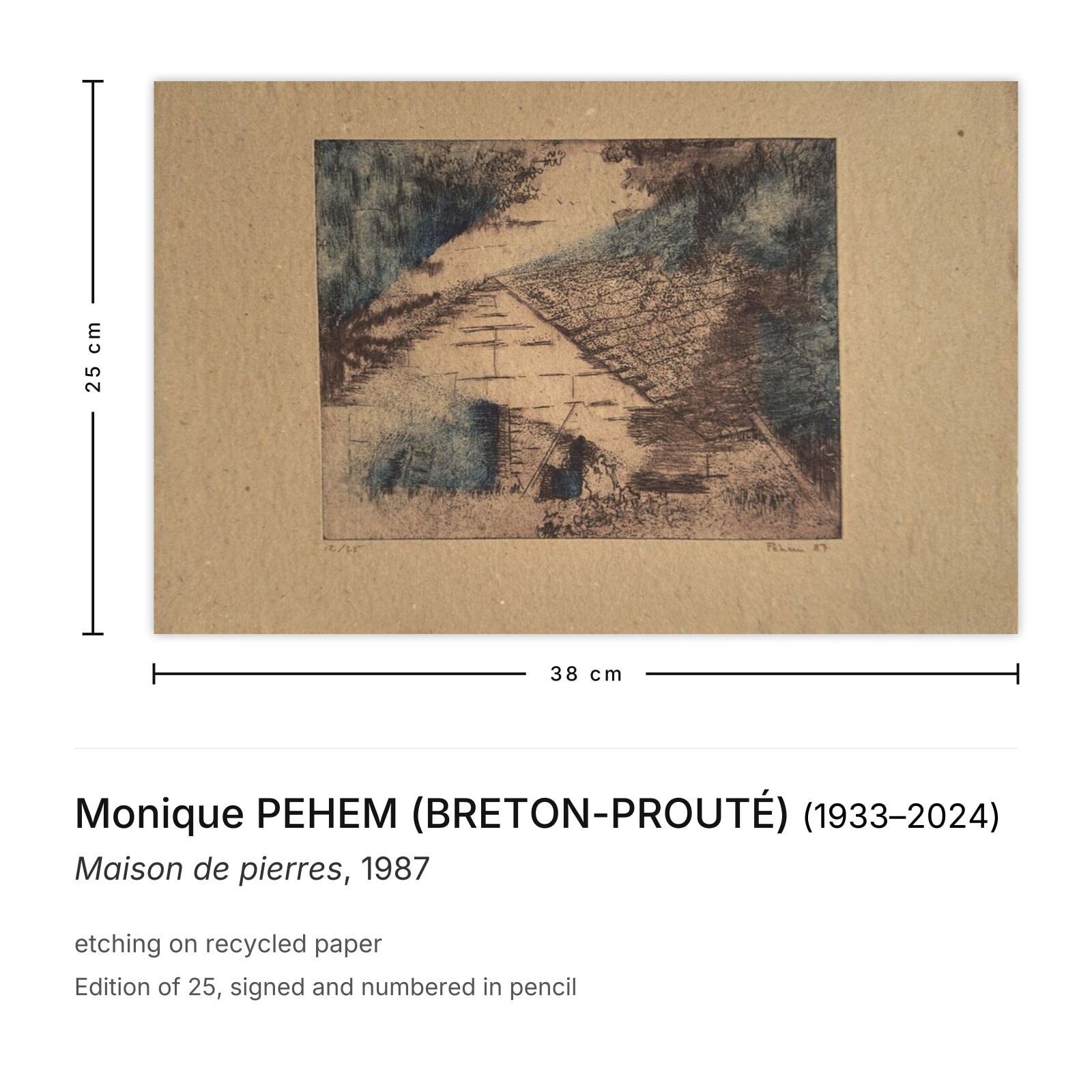 Monique Pehem (Breton Prouté) Signed Etching Maison De Pierres 1987 photo furniture