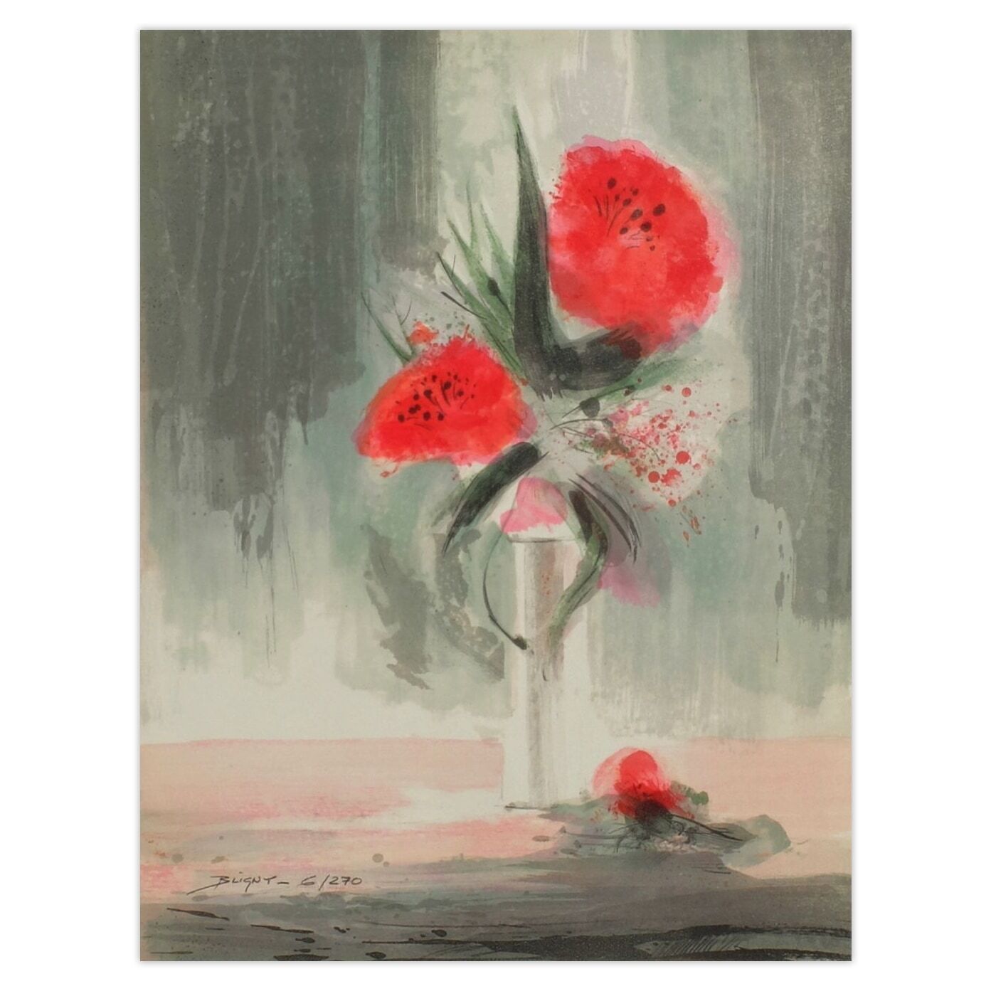 Jean Claude Bligny gesigneerde lithografie Fleurs Roses 1990