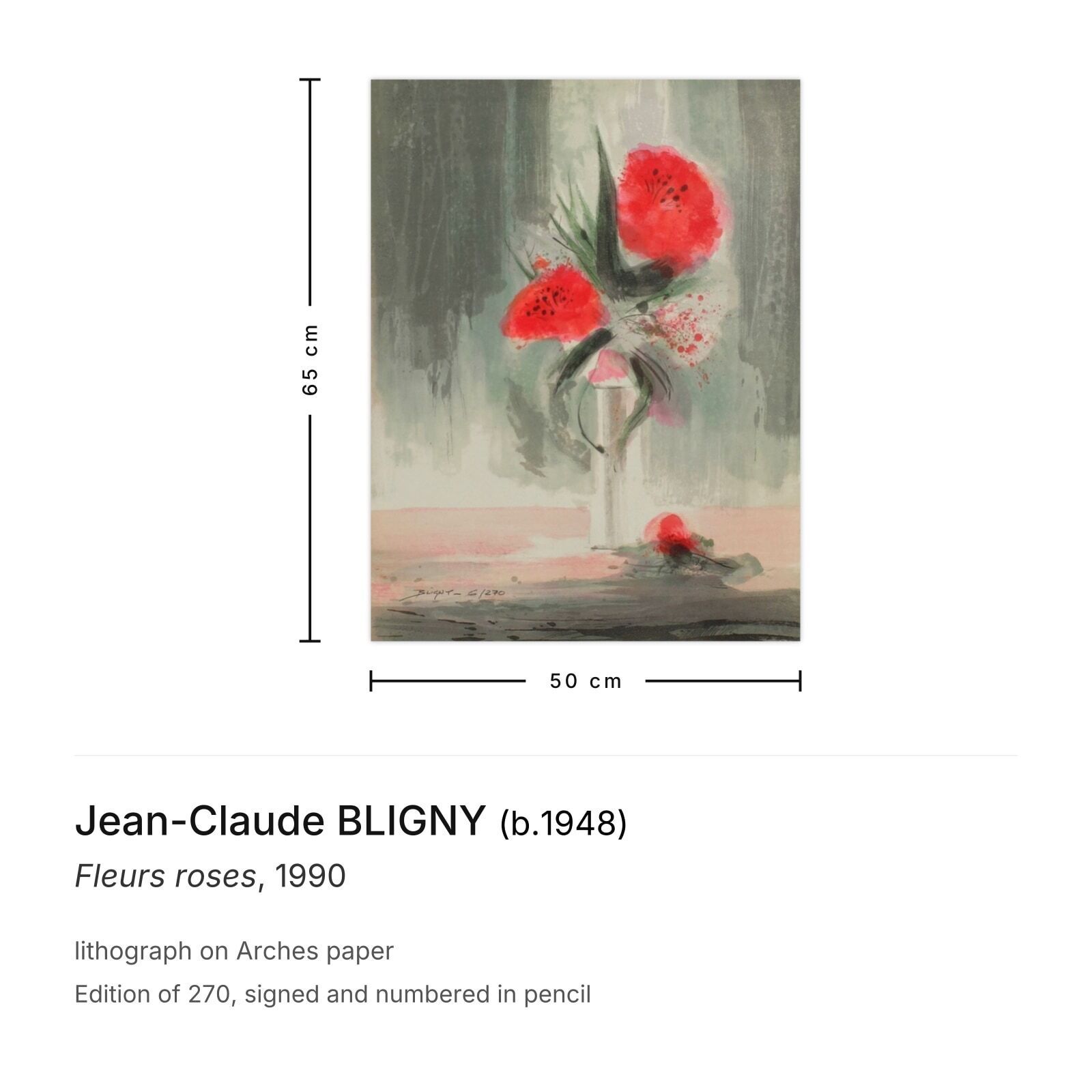 Jean Claude Bligny gesigneerde lithografie Fleurs Roses 1990 photo furniture