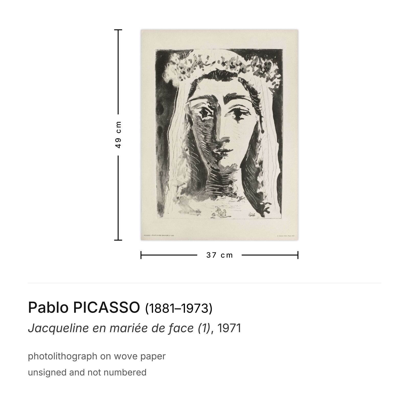 Pablo Picasso Lithograph Jacqueline En Mariée De Face (1) 1971 photo furniture