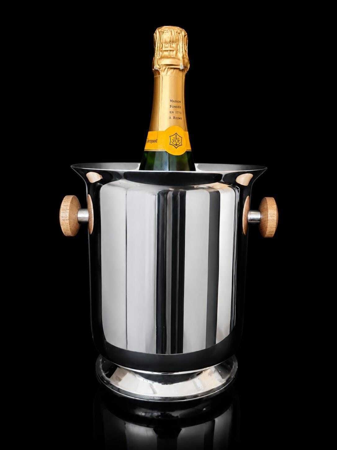 Seau à champagne vintage en acier inoxydable avec anses en bois, refroidisseur à vin moderniste, Made In Italy, art de la table