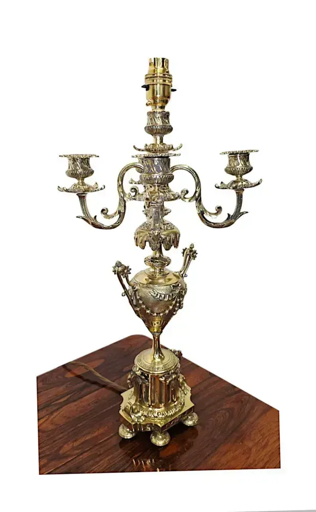 A Stunning Pair Of 19th Century Brass Candelabra Converted To Table Lamps photo Lighting