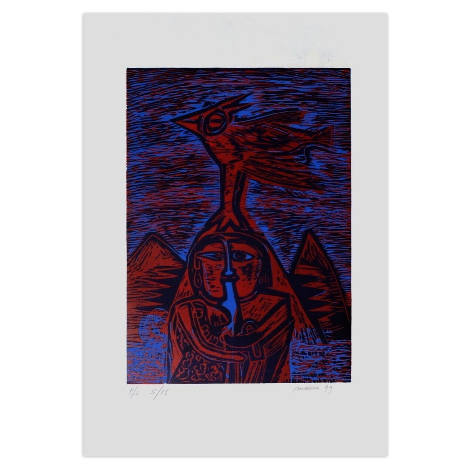 Mario Murua Gesigneerde Linosnede Lucila Et L'oiseau 1999