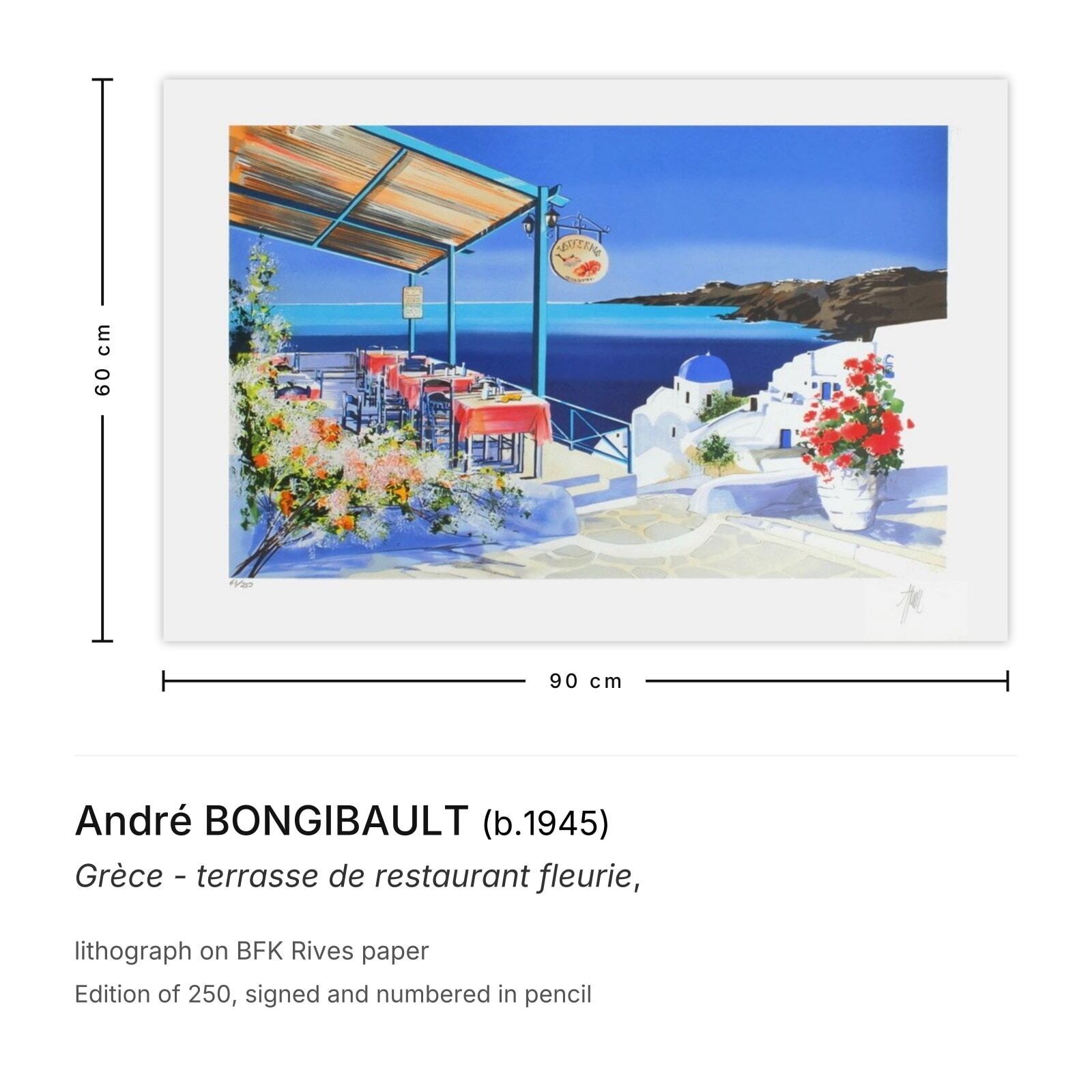 André Bongibault Gesigneerde Lithografie Grèce Terrasse De Restaurant Fleurie photo furniture