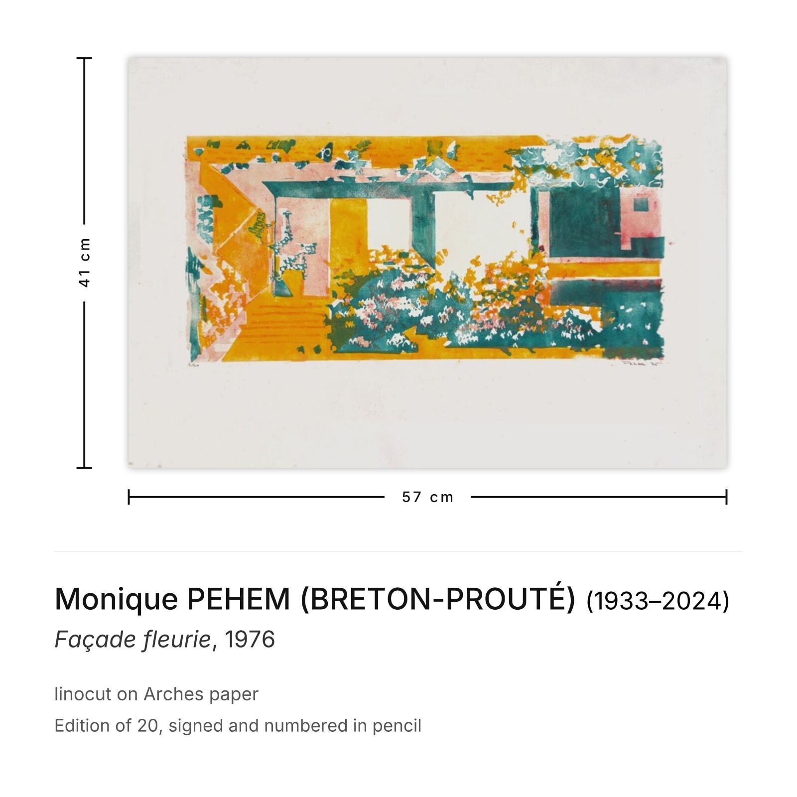 Monique Pehem (Breton Prouté), gesigneerde linosnede, Façade Fleurie, 1976 photo furniture