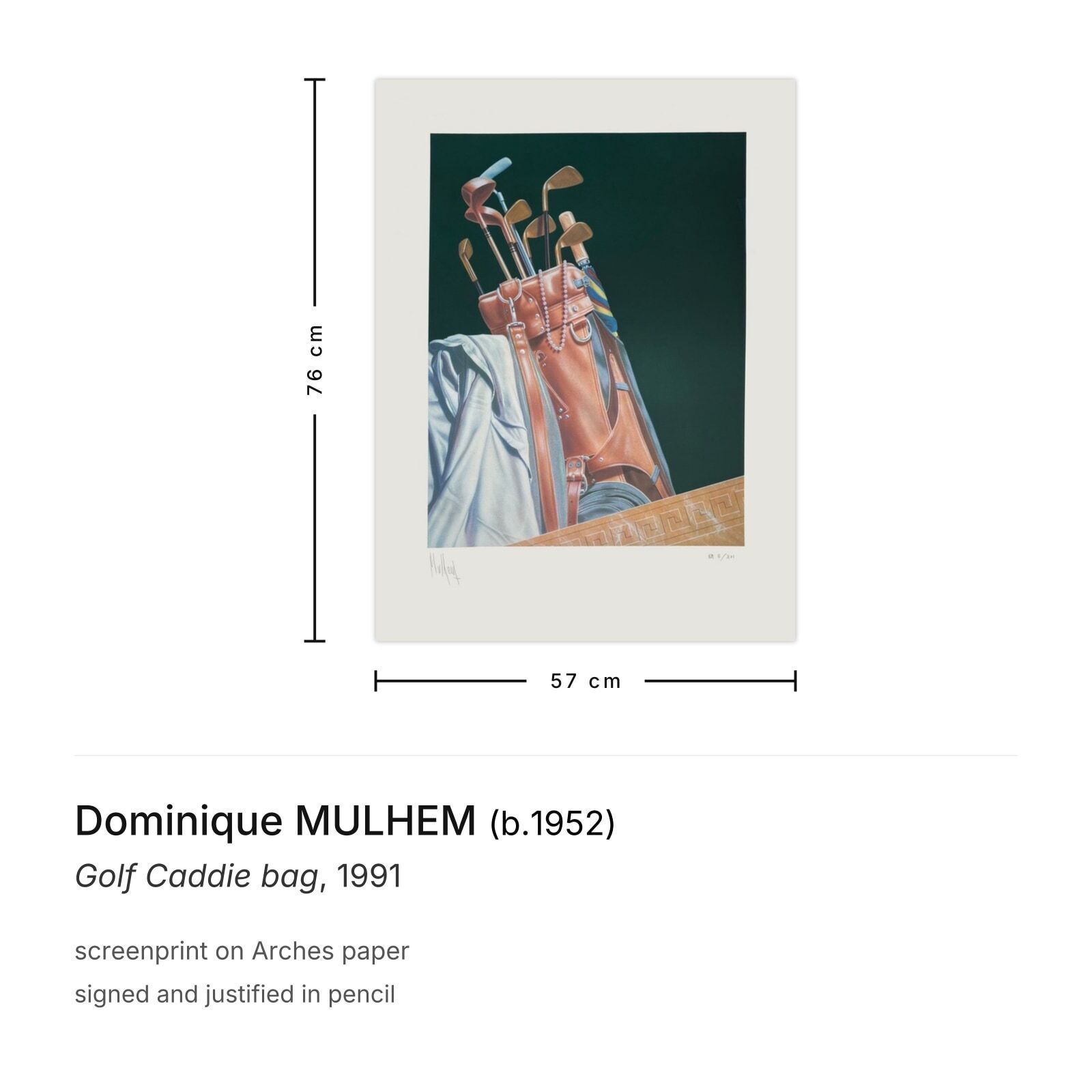 Dominique Mulhem Gesigneerde Zeefdruk Golf Caddie Bag 1991 photo furniture